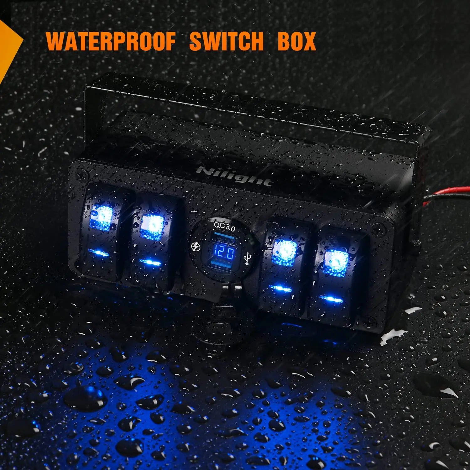 4 Gang Aluminum ON/Off Blue LED Rocker Switch Panel with QC 3.0 Fast Charging Dual USB Ports & Voltmeter - Perfect for Marine, RV, Truck, and DIY Electrical Projects