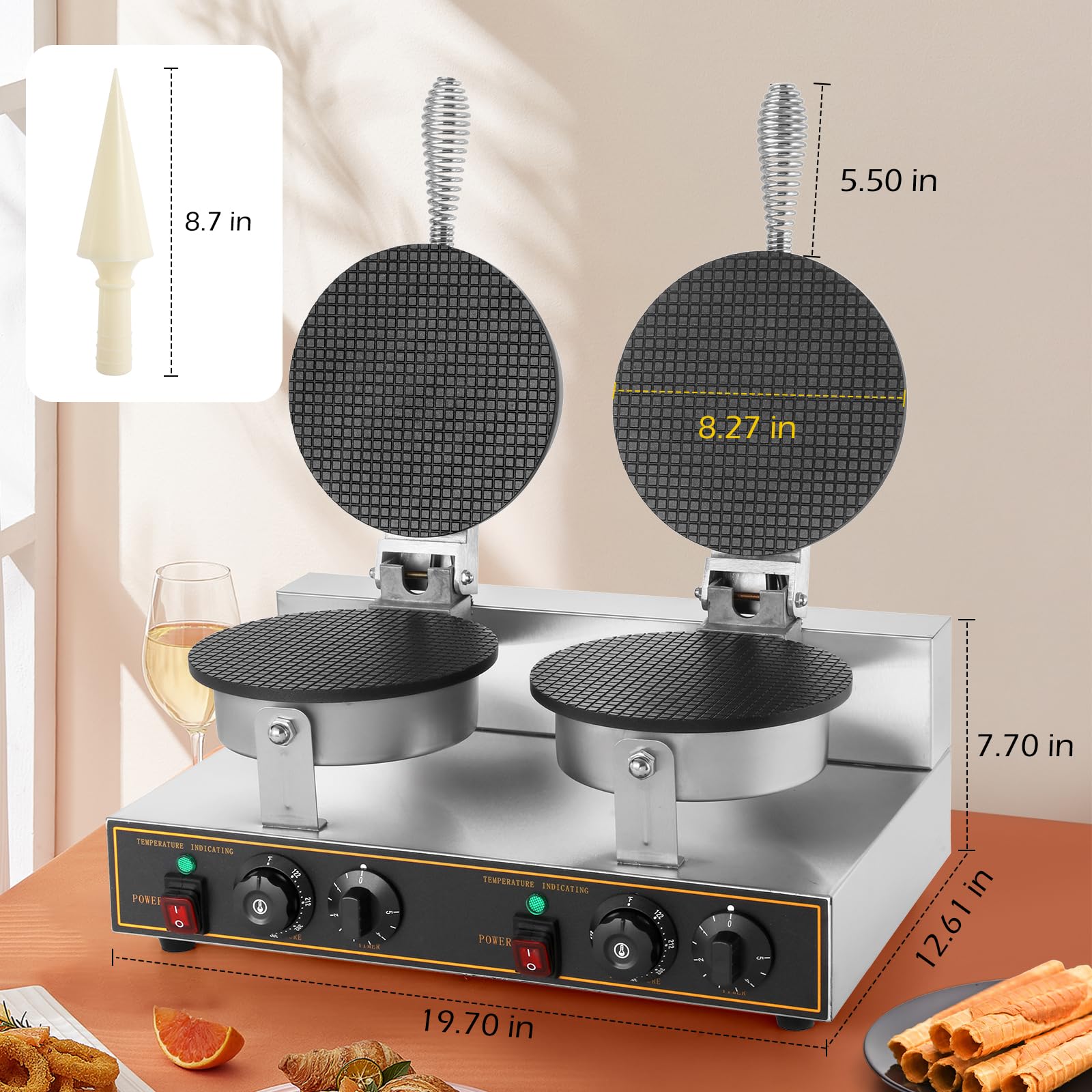Dyna-Living 2400W Commercial Ice Cream Cone Maker - 110V Electric Waffle Cone Machine with Double Head & Non-Stick Surface - Stainless Steel Egg Roll Mold for Restaurants, Bakeries & Home Use - Perfect for Making Waffle Cones, Ice Cream Bowls & Dessert Creations