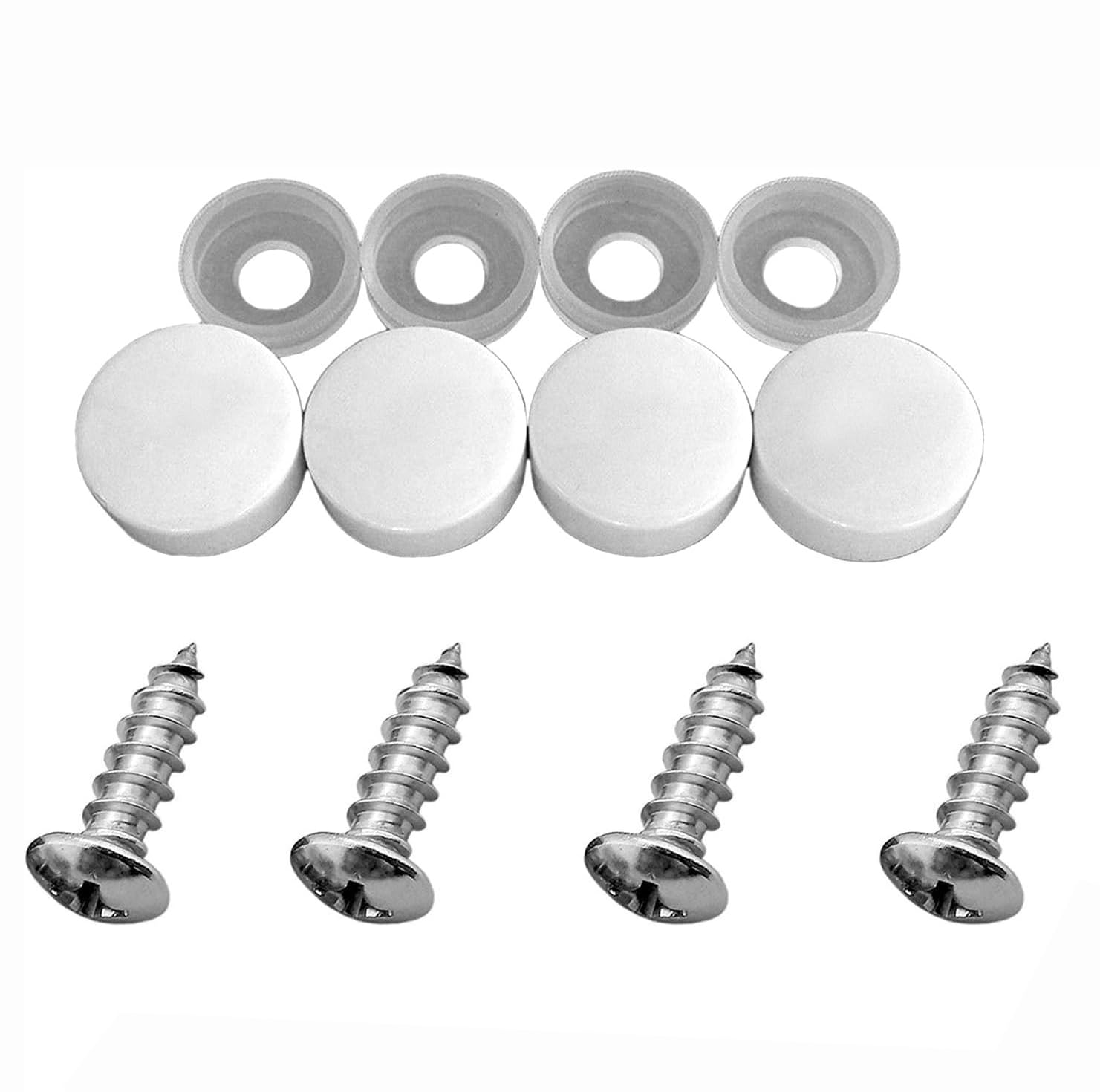 4-Pack Stainless Steel License Plate Fasteners - M6x20 Self-Tapping Screws with White Covers for Cars, Trucks, SUVs & Vans | Rustproof Mounting Bolts for License Plates, Frames & Covers | Perfect for Secure Installation & Vehicle Customization