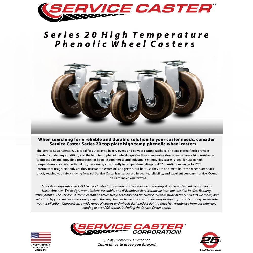 4 Inch Swivel Top Plate Caster Set with 2 Inch High-Temp Phenolic Wheels - Roller Bearing 1800 lbs Capacity (Set of 4) by Service Caster - Ideal for Industrial Equipment, Restaurant Carts & Heavy-Duty Furniture