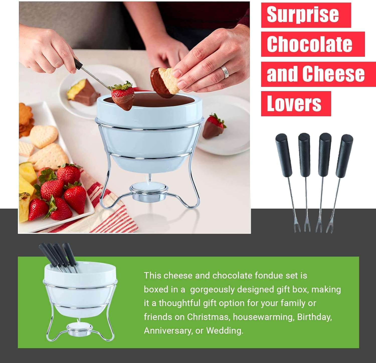 Premium Chocolate Fondue Pot Set with 4 Stainless Steel Forks & Tea Light Candle Holder - Perfect for Melting Chocolate, Cheese & Butter - Valentine's Day Gift, Romantic Dinners & Party Entertaining