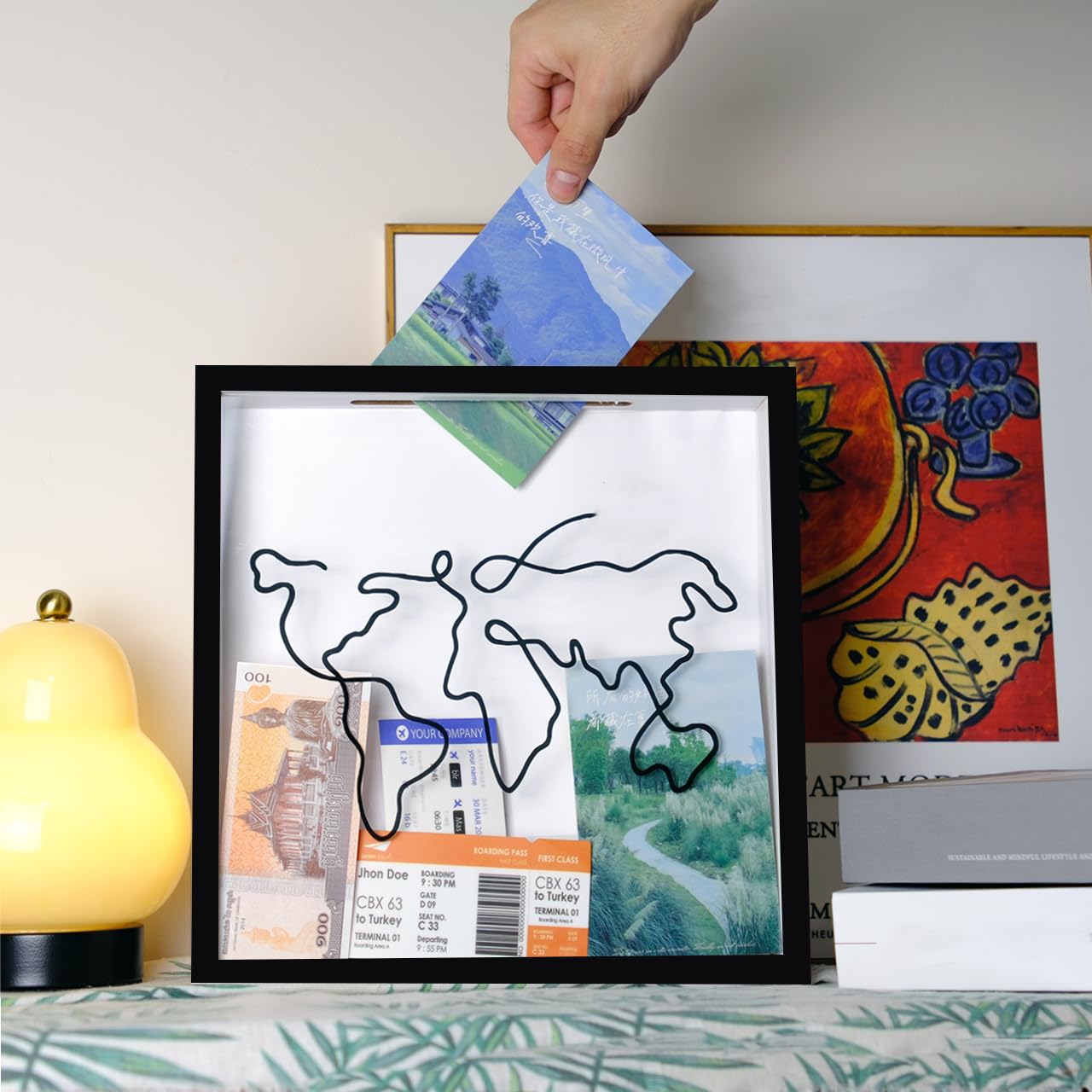 12x12 Travel Memory Shadow Box with Slot - Keepsake Ticket Holder for Travel Mementos, Perfect Travel Gift (Line-Black) - Display Your Vacation Photos, Plane Tickets & Souvenirs