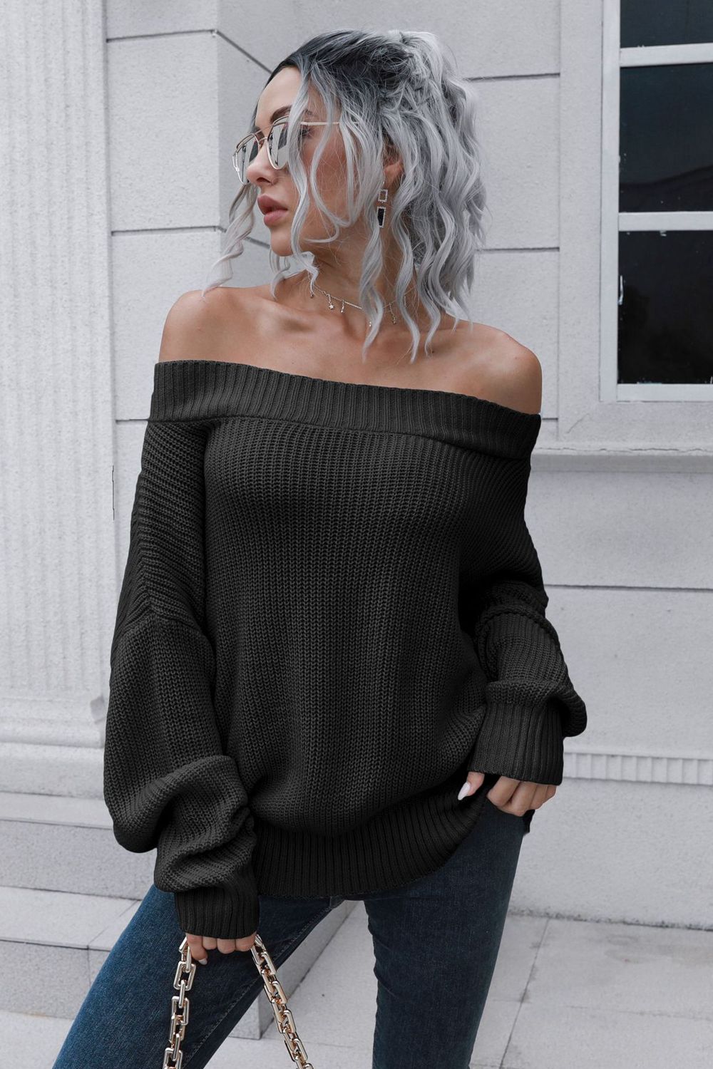 Off Shoulder Ribbed Long Sleeve Pullover Sweater for Women - Cozy Winter Knit Top for Date Night & Casual Outfits