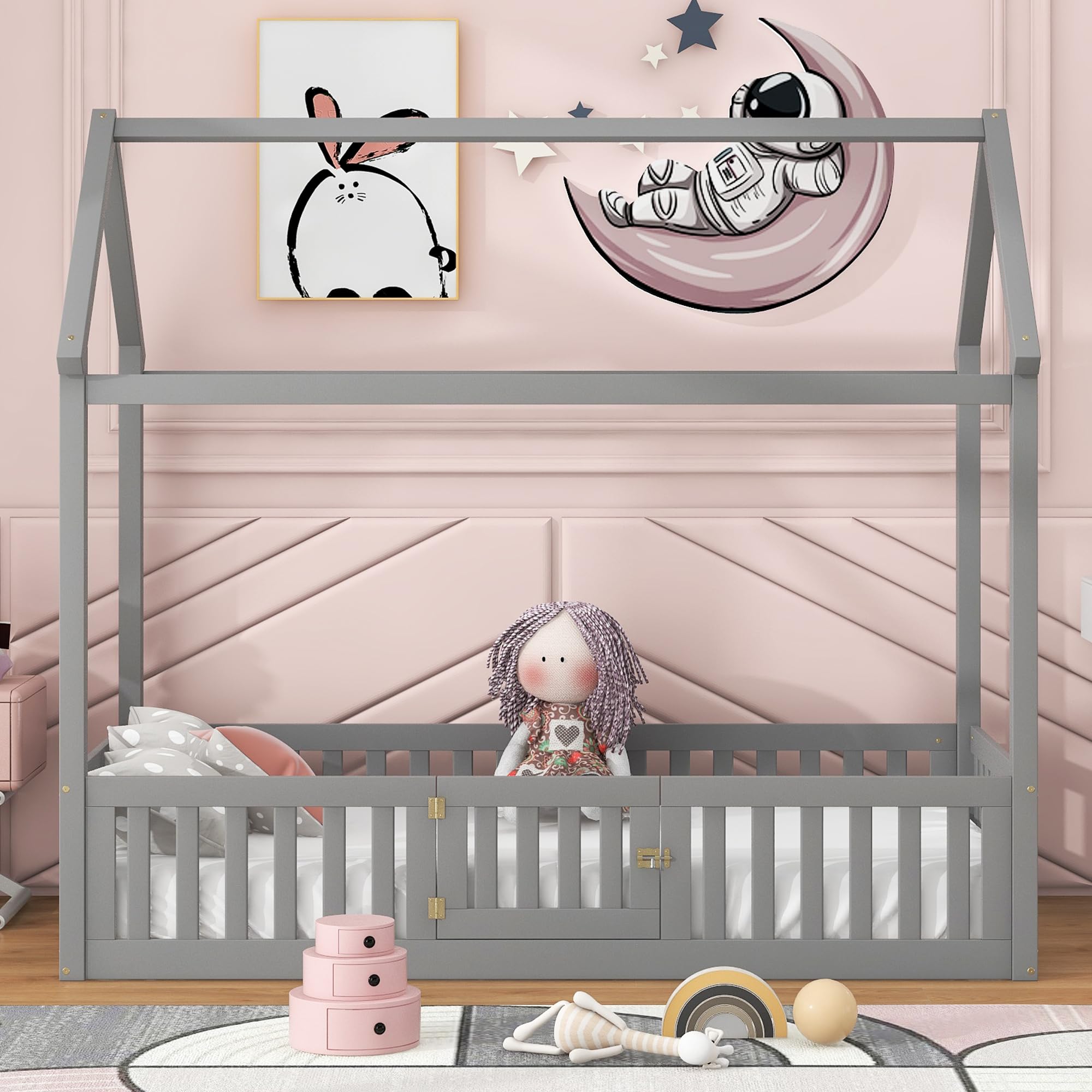 Montessori Twin Size Wooden Floor Bed with Fence & Door - Playhouse Style Bed Frame for Kids, Teens, Boys & Girls (Gray) - Perfect for Playrooms, Bedrooms & Montessori Learning Spaces