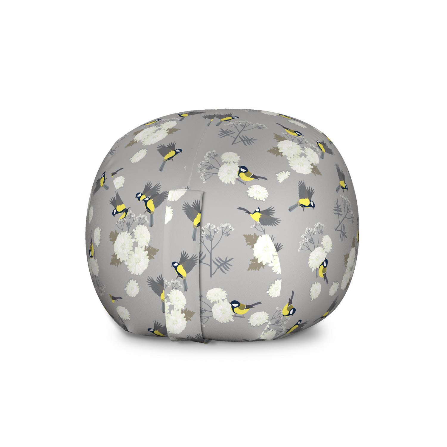 Ambesonne Vintage Titmouse & Chrysanthemums Bird Print Toy Storage Bag Chair - Large Washable Stuffed Animal Organizer for Kids Room, Nursery, or Playroom - Dimgray Yellow