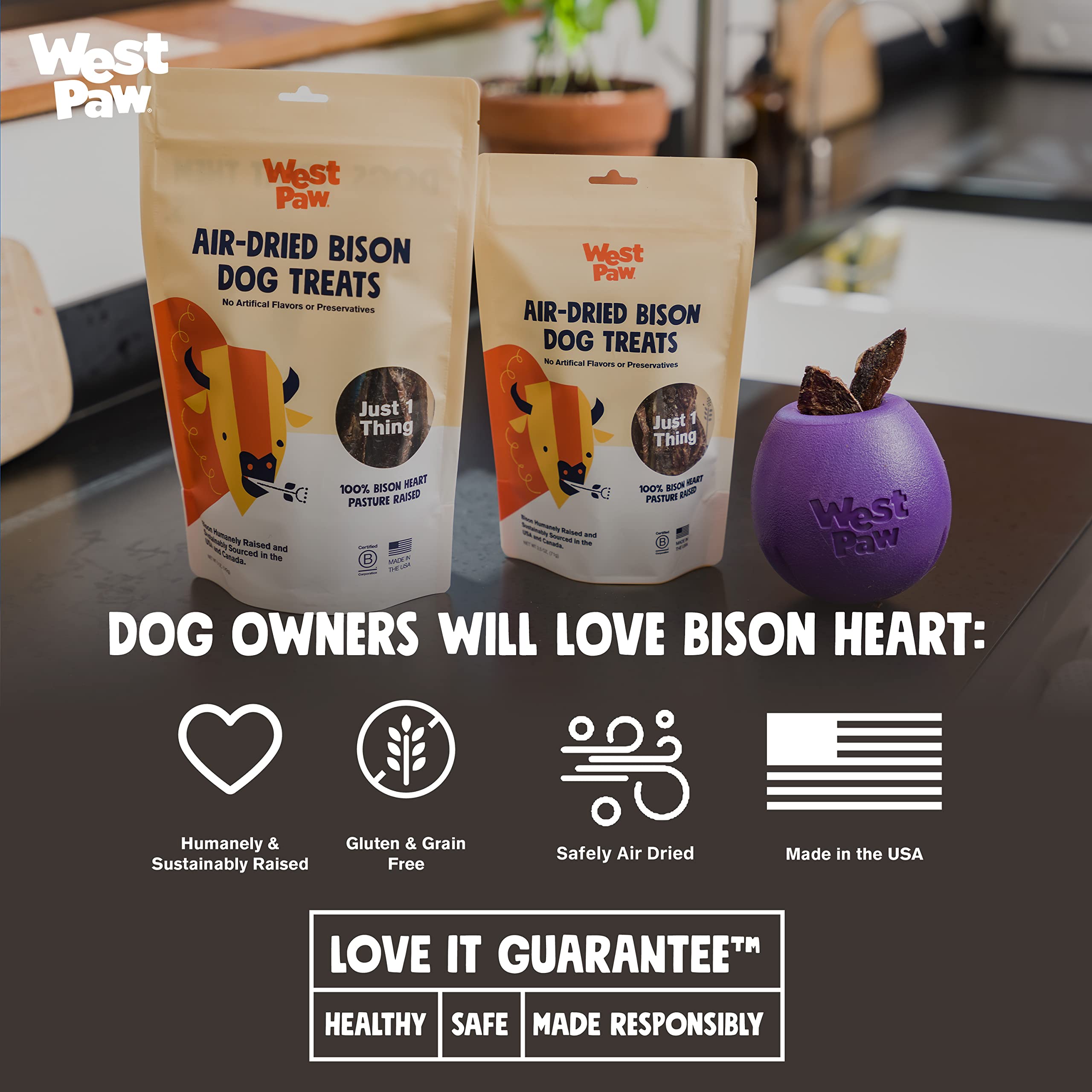 Premium Air Dried Bison Heart Dog Treats & Zogoflex Qwizl Interactive Chew Toy Bundle – Natural Farm Fresh Bison Snacks with Treat Dispensing Puzzle Toy for Dogs – Holds Kibble & Treats – Perfect for Training, Enrichment & Dental Health