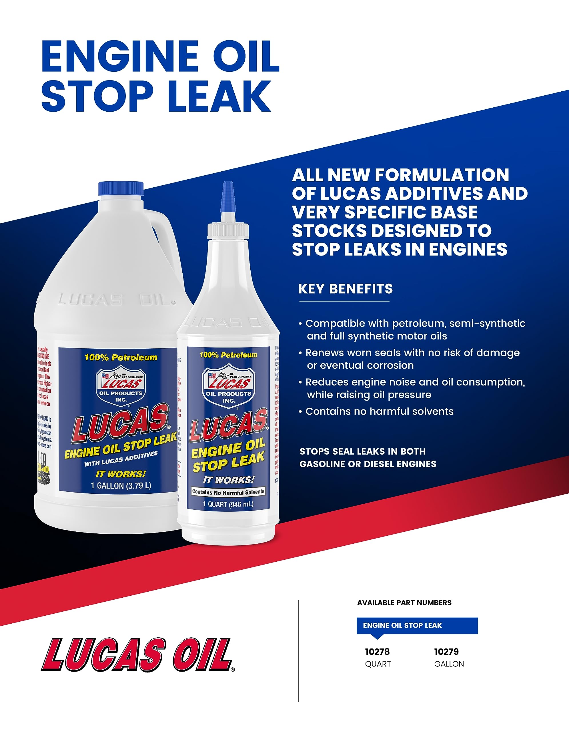 Lucas Oil 10279 Engine Oil Stop Leak - 1 Gallon | High-Performance Oil Leak Repair for Cars & Trucks | Fixes Engine Seals & Gaskets | Ideal for Daily Drivers & High-Mileage Vehicles