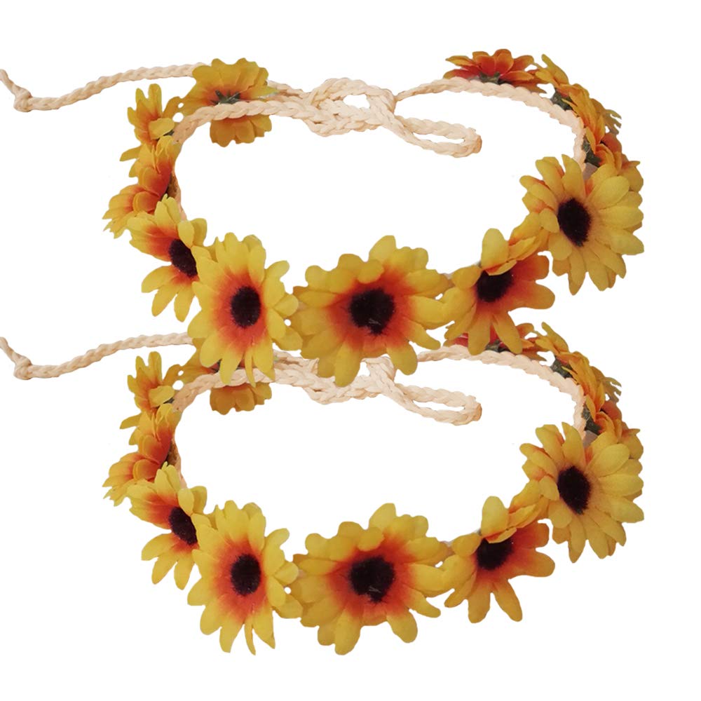 Sunflower Headband for Women & Girls - 2 Pack Boho Floral Hair Hoop, Hair Clips & Barrettes - Perfect for Parties, Weddings, Cosplay & Summer Festivals