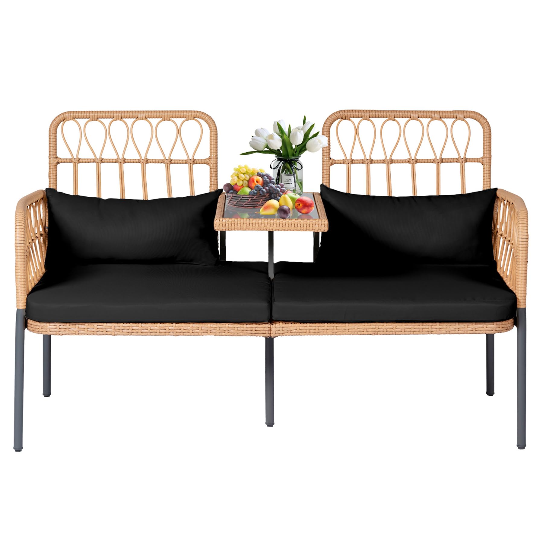 PROHIKER Outdoor Rattan Loveseat 2-Seater with Built-in Table & Cushions - All-Weather Wicker Patio Furniture Set with Lumbar Pillows - Perfect for Balcony, Porch, Garden, Backyard & Poolside Relaxation