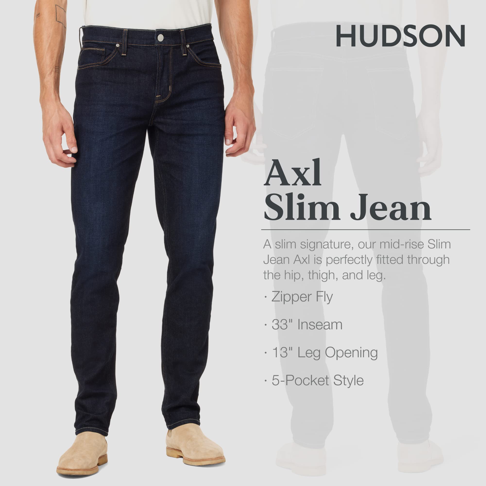 HUDSON Men's Axl Slim Fit Stretch Denim Jeans - Comfortable & Stylish for Casual Wear, Work & Night Out