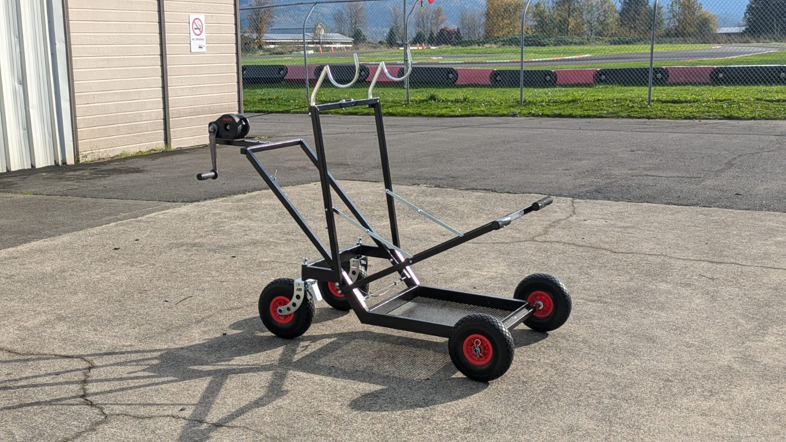 IM HQ Black Semi Automatic Kart Stand with BIG WHEEL, Hand Winch & Hooks - Heavy Duty Go Kart Lift for Garage & Workshop - Flat Rate Shipping $50