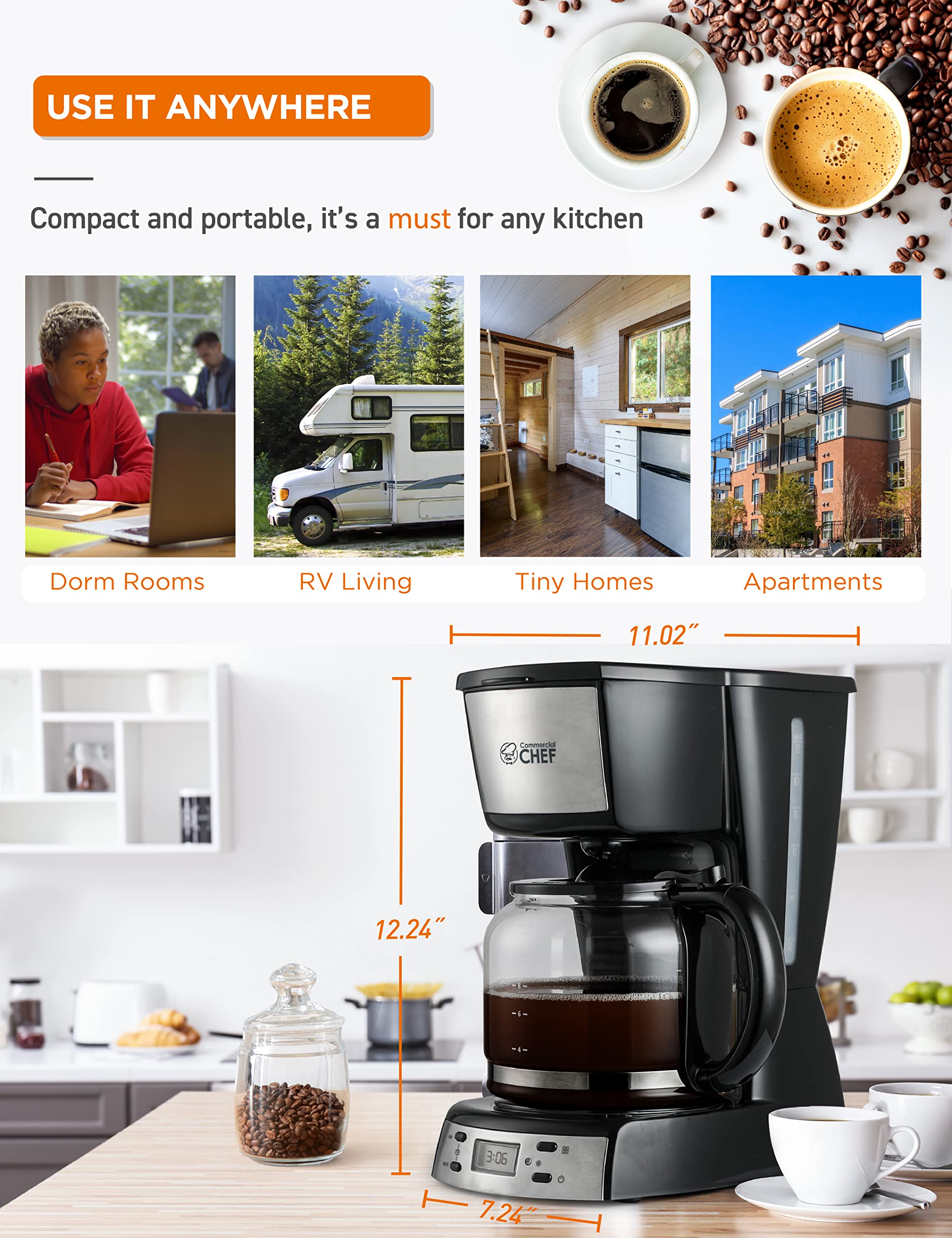 Commercial Chef 12-Cup Programmable Coffee Maker with Nylon Filter, Glass Carafe & LCD Display - Perfect for Offices, Restaurants & Home Kitchens