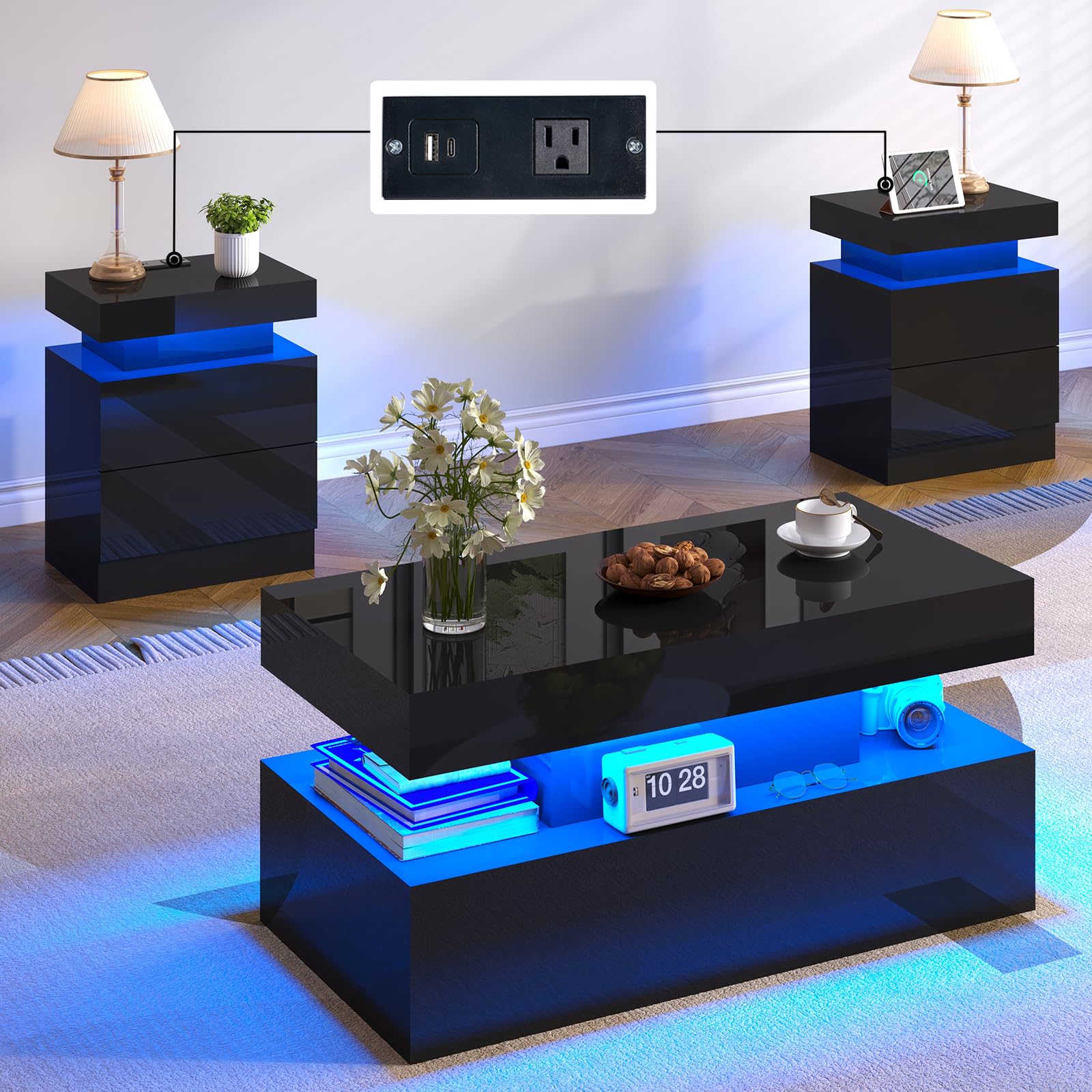 Modern 3-Piece High Gloss Coffee Table Set with LED Lights & Storage - Includes 2 End Tables with USB Charging Stations - Perfect for Living Room, Office, or Modern Home Decor - Black Contemporary Furniture Set