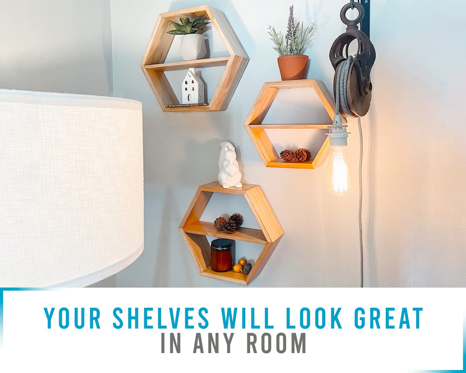 Comfify Rustic Wall Mounted Hexagonal Floating Shelves Set of 3 - Honeycomb Shelves with Screws & Anchors - Farmhouse Decor for Living Room, Bedroom, Bathroom - Natural Wood Wall Shelf Organizer for Home Office Decor