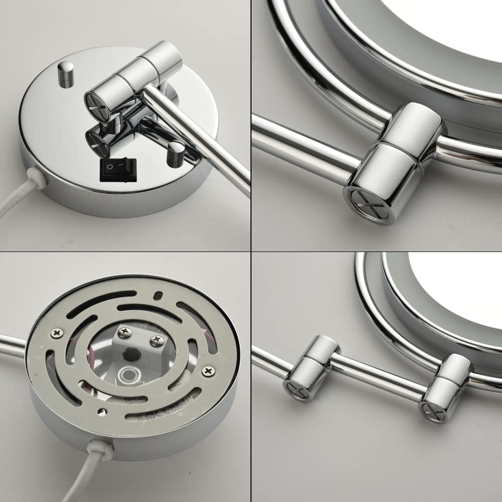 8 Inch LED Wall Mount Two-Sided Magnifying Makeup Vanity Mirror - 12 Inch Extension, 1X/3X Magnification, 360 Degree Rotation, Waterproof, Chrome Finish - Perfect for Shaving, Makeup Application, and Grooming in Bathroom or Dressing Room