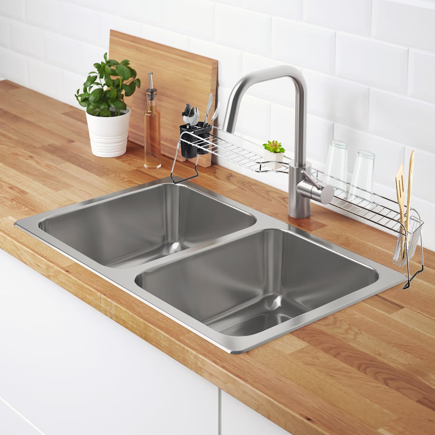 Stainless Steel Over Sink Shelf Organizer - Chrome Kitchen Sink Storage for Soap, Sponges, Scrubbers & Utensils | Space-Saving Countertop Solution for Small Kitchens & Apartments