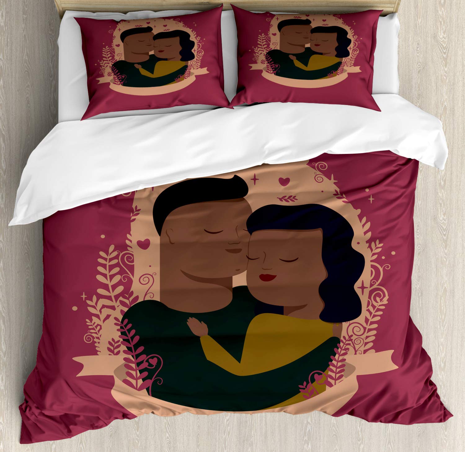 Ambesonne Romantic Duvet Cover Set - King Size 3-Piece Bedding with 2 Pillow Shams, Holding Couple Design for Valentine's Day & Anniversary Gifts, Maroon & Redwood - Perfect for Master Bedroom Decor & Couples Retreat