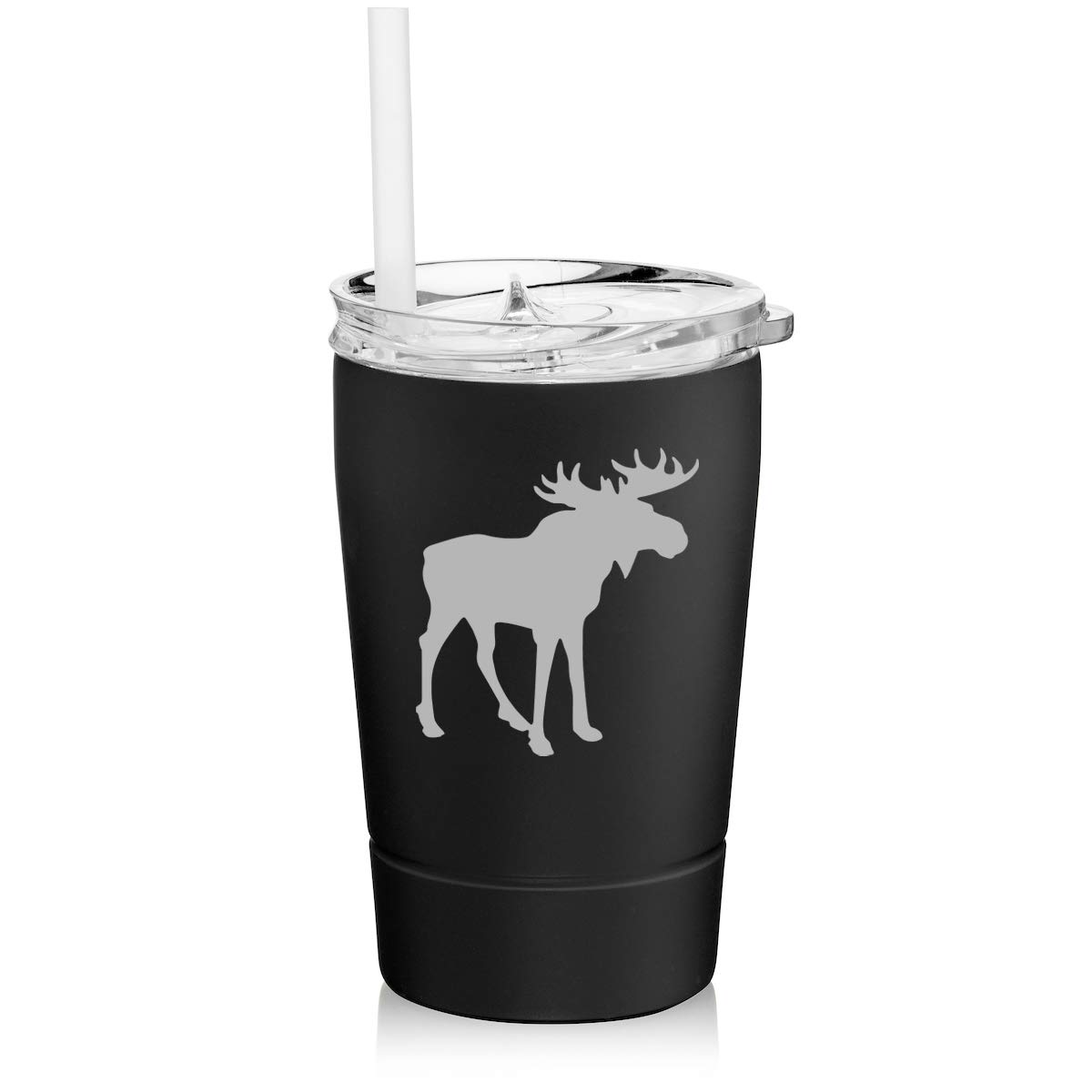 12 oz Stainless Steel Vacuum Insulated Tumbler with Straw - Double Wall Insulated Coffee Travel Mug for Hot & Cold Drinks - Leak Proof Moose Design (Black) - Perfect for Office, Commuting, Camping & Outdoor Activities