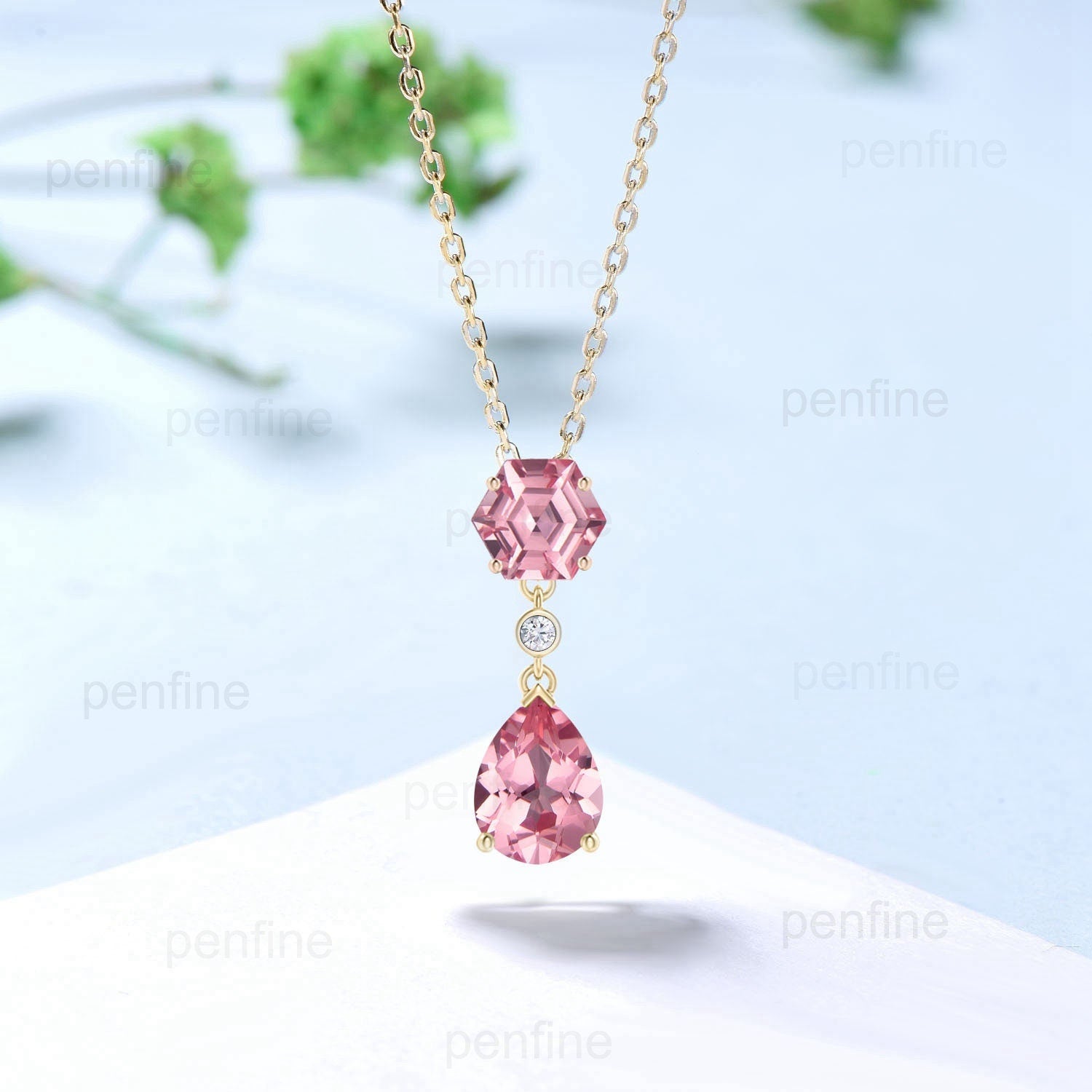 Hexagon Cut Padparadscha Sapphire Pendant Necklace - Minimalist Pear Shaped Rose Gold Jewelry for Anniversary Gift | Elegant Everyday Wear & Special Occasion Accessory