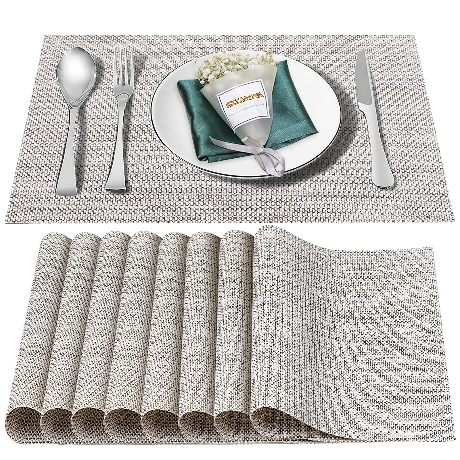 Bxzandya 8-Pack Washable Vinyl Placemats for Dining Table - Heat Resistant Woven Place Mats for Kids, Summer Decor - Perfect for Family Meals, Indoor/Outdoor Use & Holiday Gatherings
