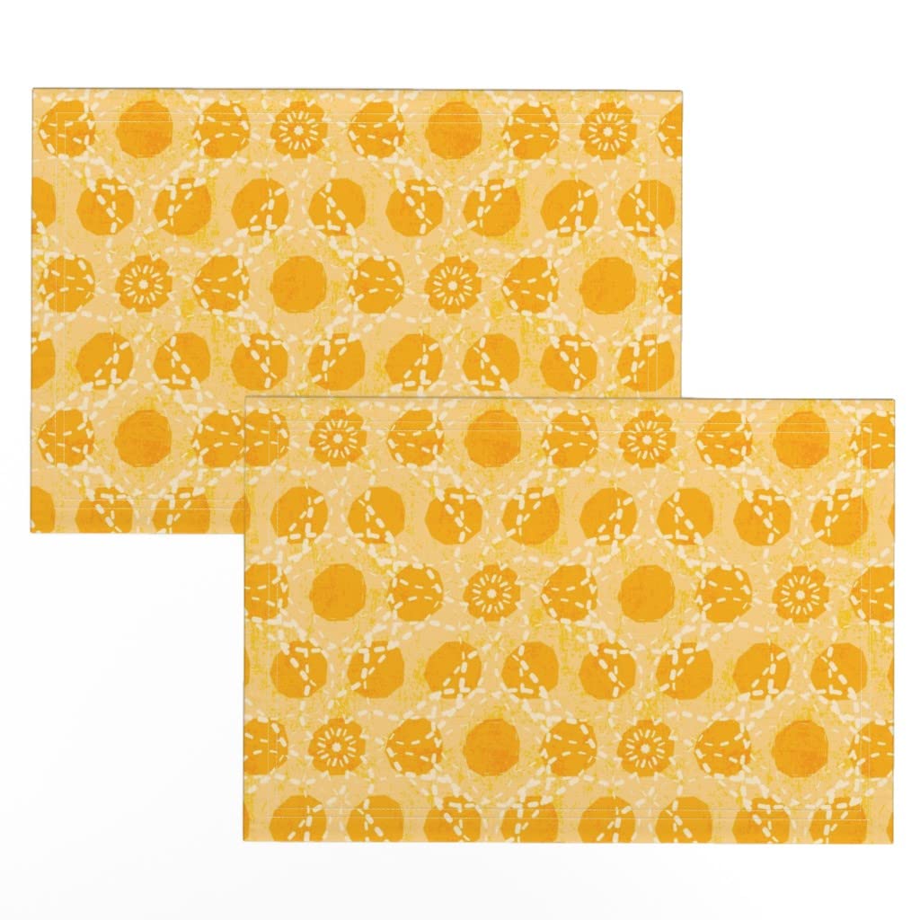 Bohemian Ethnic Print Linen Cotton Canvas Placemats Set of 2 - Folklore Sun Small Scale Yellow Traditional Design for Dining Table Decor | Perfect for Bohemian Style Kitchens, Farmhouse Tables & Ethnic Themed Parties