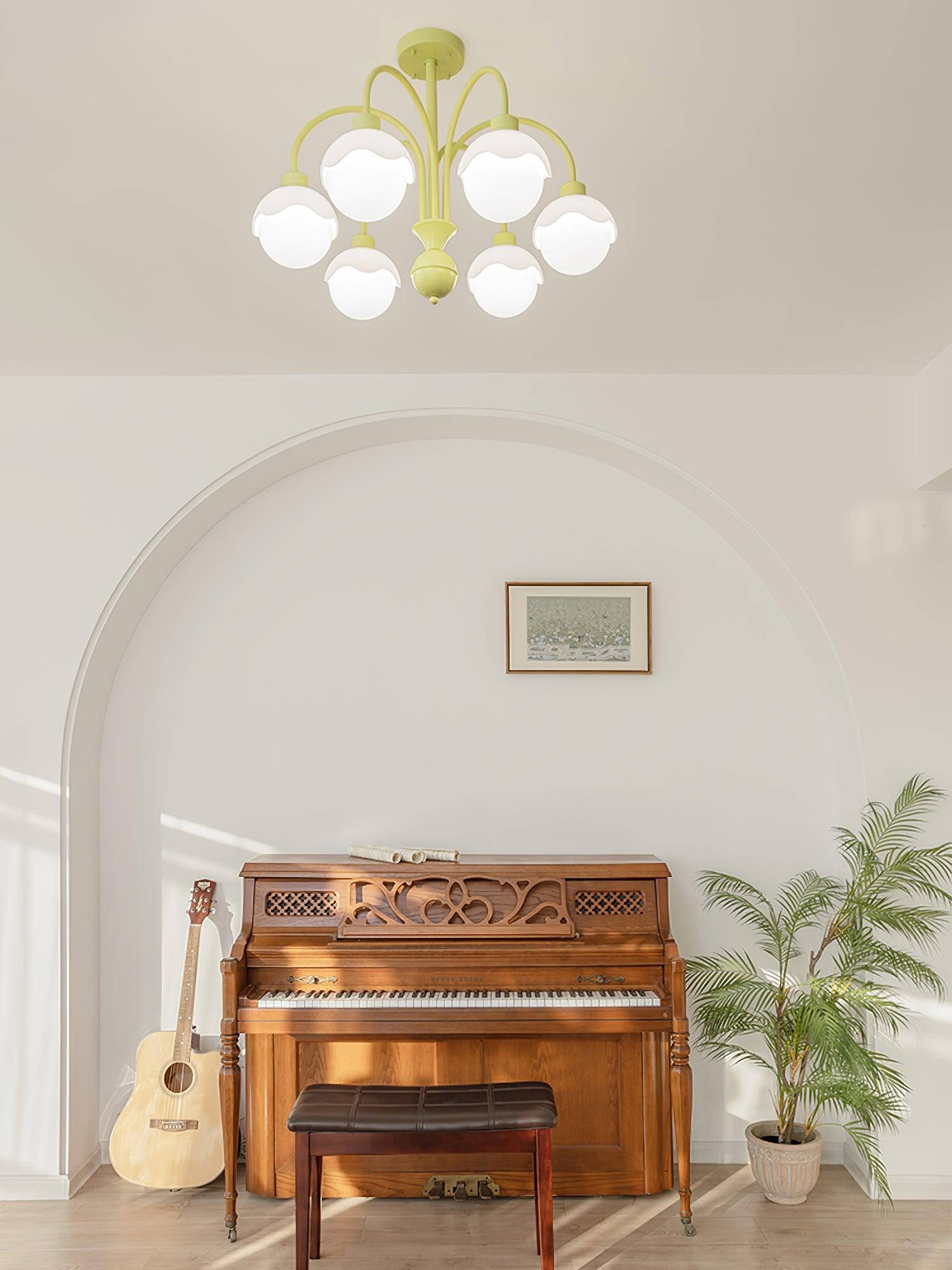 Creamy Lychee Matcha Chandelier - Elegant Floral Lighting Fixture for Living Room, Bedroom & Dining Room Decor