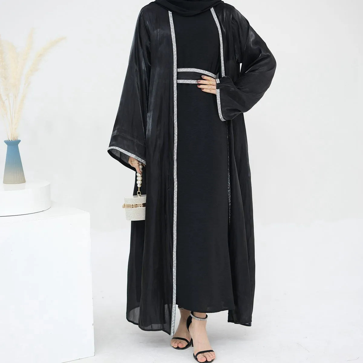 2-Piece Hotfix Rhinestone Sparkling Open Abaya Dress Set with Inner Dress - Perfect for Weddings, Parties & Special Occasions