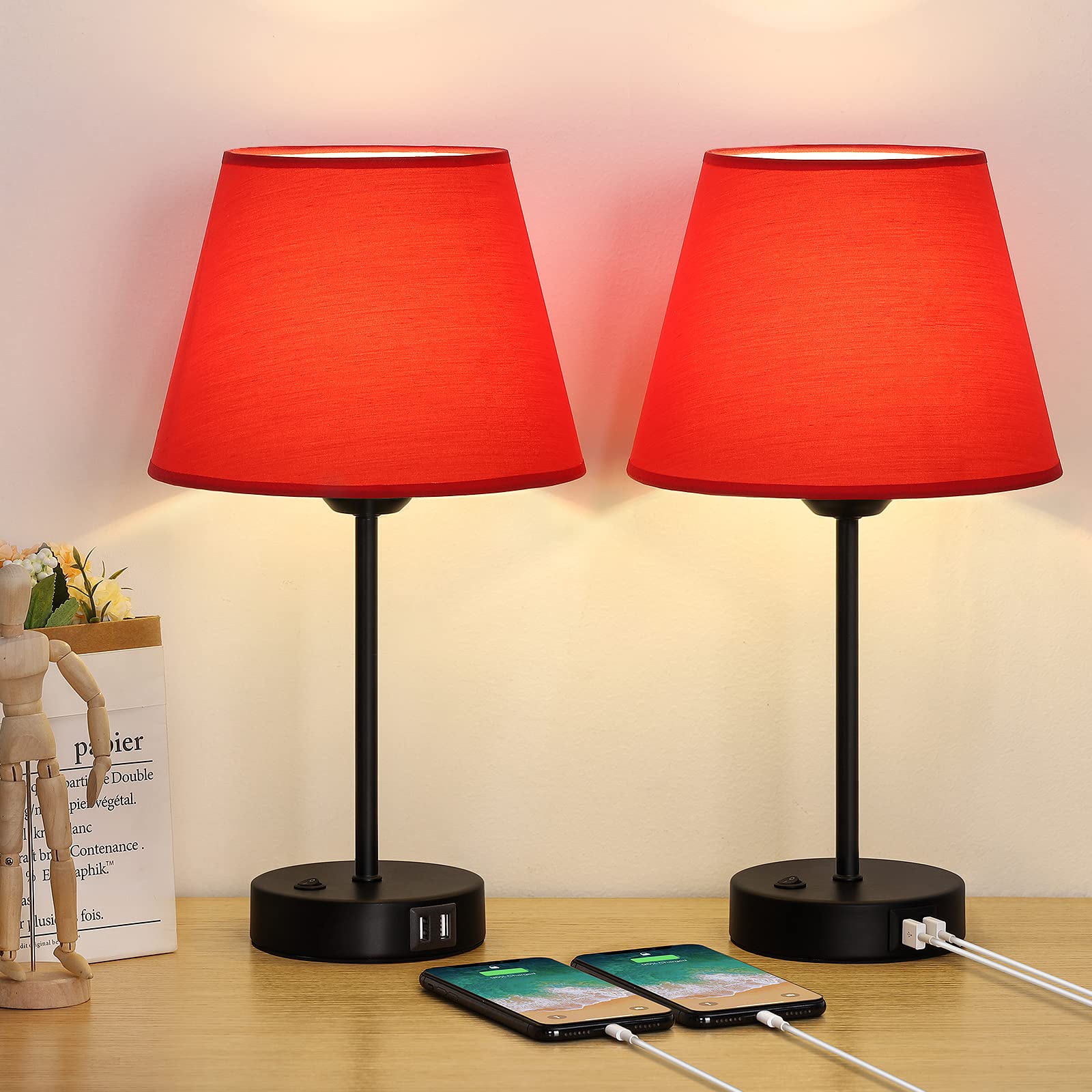 Set of 2 USB Table Lamps with Red Fabric Shade - Bedside Nightstand Lamps for Bedroom, Living Room, Study & Office - Perfect for Reading, Working & Creating Cozy Ambience