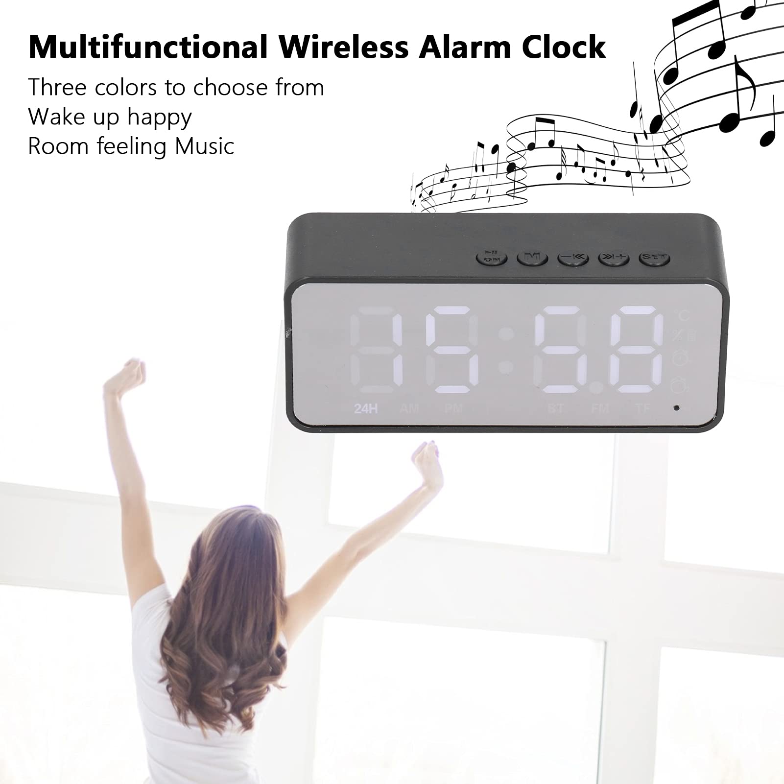 Wireless Bluetooth 5.0 Alarm Clock Radio with LED Mirror Display - FM Radio, Phone Call Support, Bedroom & Office Digital Clock Speaker (Black) | Perfect for Morning Wake-Up, Nightstand Use & Home Office