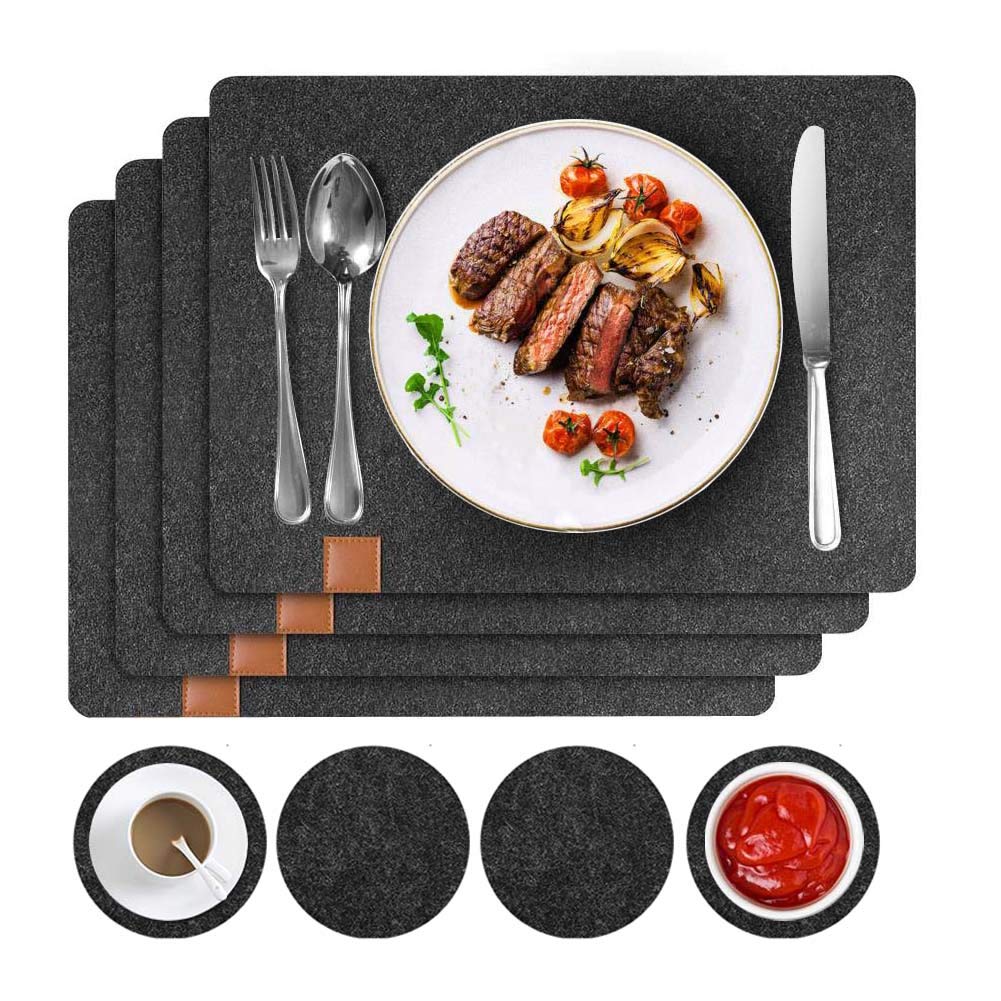 Washable Heat-Resistant Felt Placemats Set of 8 (4 Place Mats + 4 Coasters) - Stain Resistant & Easy Clean Dining Table Mats for Home, Kitchen, Restaurant & Party Use