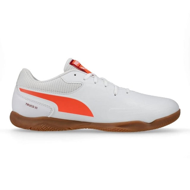 Puma Truco III IN Indoor Football Shoes for Men - White/Glowing Red/Dark Crimson - Lightweight Soccer Cleats for Indoor Courts & Training - Perfect for Futsal, Gym Workouts and Casual Wear