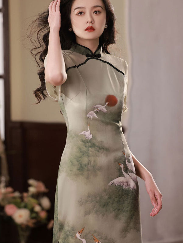 Elegant Green Summer Chinese Painting Print Cheongsam Qipao Dress - Vintage Floral Embroidery for Women's Party, Wedding, and Special Occasions