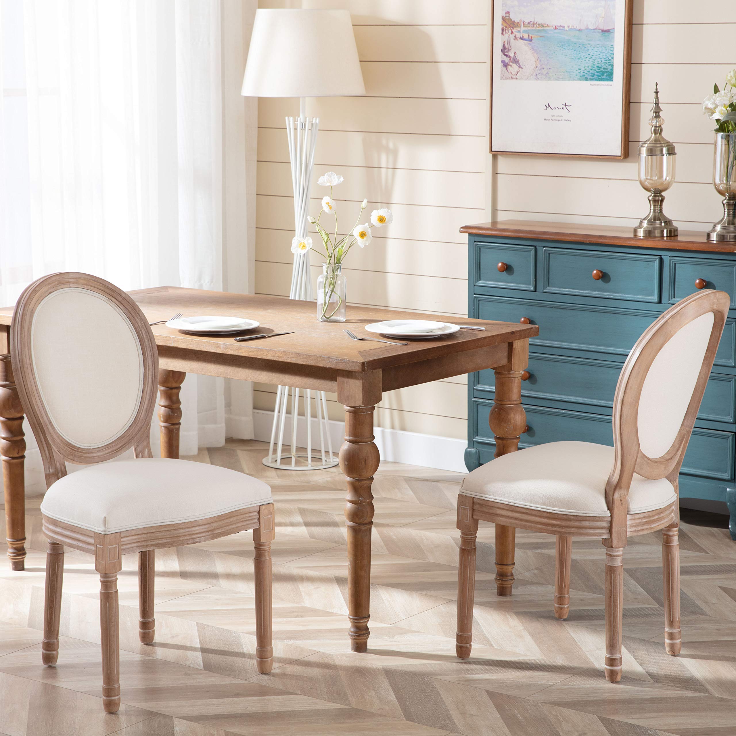 HomVent Set of 2 French Country Dining Chairs - Fabric & Cane Upholstered Farmhouse Kitchen Chairs with Carved Solid Wood Frame - Perfect for Home, Office, Restaurant & Cafe Dining (Style 2)