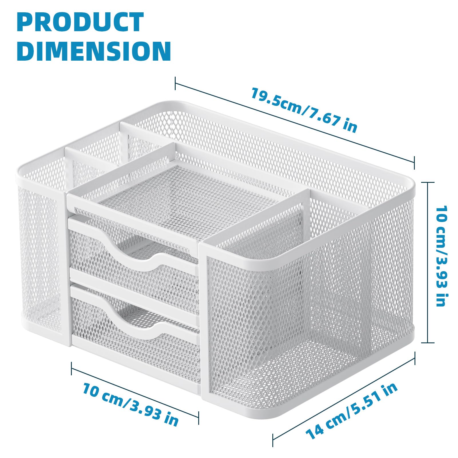 Marbrasse Mesh Desk Organizer with 2 Drawers - Multi-Functional Pen & Pencil Holder for Office, School, or Home - 5 Compartments + Storage Drawer for Art Supplies, Stationery & Desk Accessories (White) - Perfect for Organizing Workspace, Study Table or Craft Room