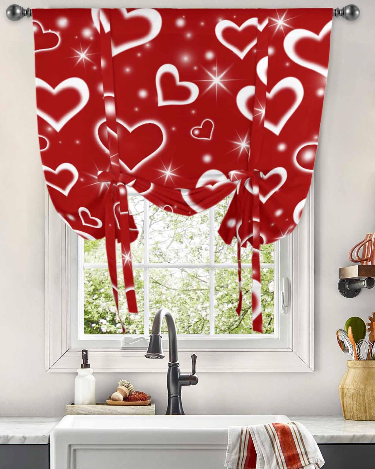 Valentine's Day Kitchen Window Curtains - Romantic Star & Heart Design Adjustable Balloon Shade with Rod Pocket, 42