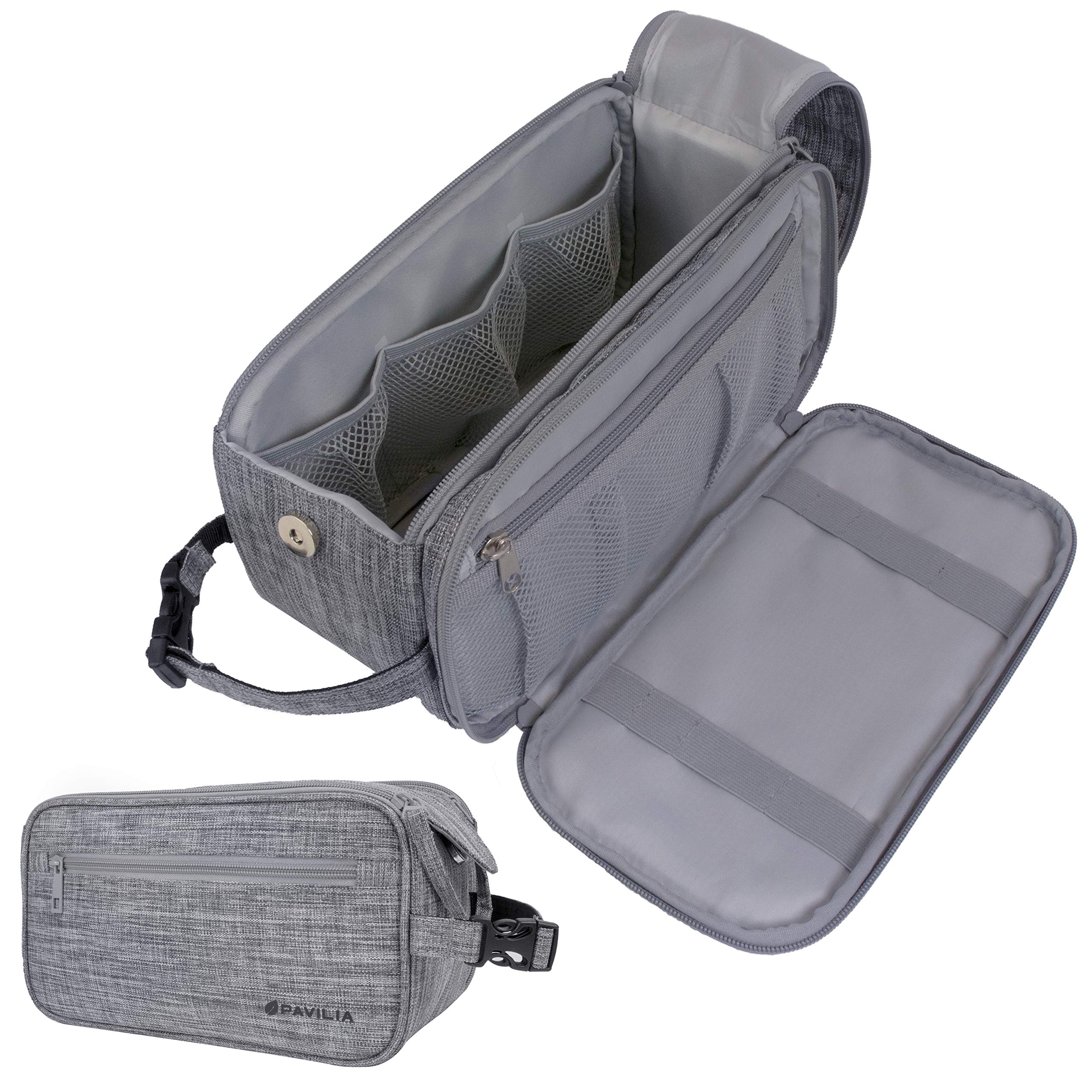 PAVILIA Men's Travel Toiletry Bag - Water Resistant PU Leather Dopp Kit & Shaving Essentials Organizer for Grooming (Heather Grey) - Perfect for Business Trips, Gym, Camping & Vacation