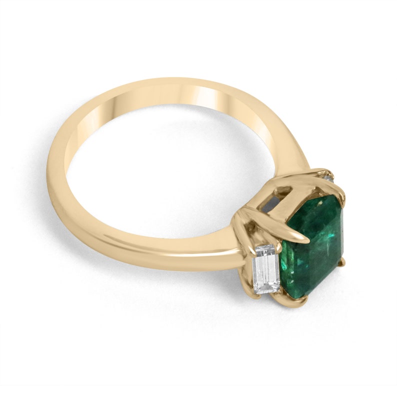 2.52tcw 18K Gold Natural Emerald Cut Diamond Baguette Three Stone Ring - Fine Quality Dark Green Gemstone Jewelry for Engagement, Anniversary & Special Occasions