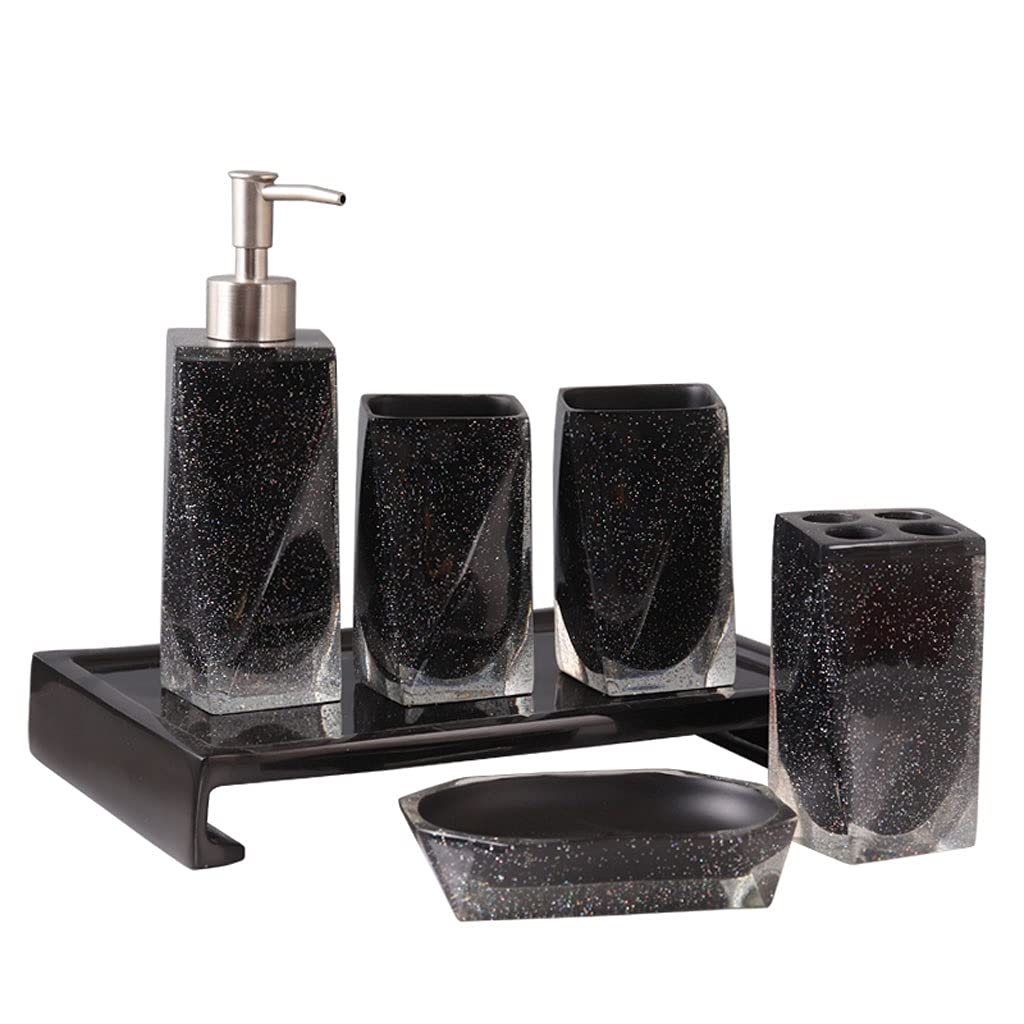 6-Piece Bathroom Accessories Set - Resin Soap Dispenser, Toothbrush Holder, Tumbler, Soap Dish & Tray - Starry Sky Pattern Modern Design for Home, Hotel & Spa Decor - Black Bathroom Organizer Set