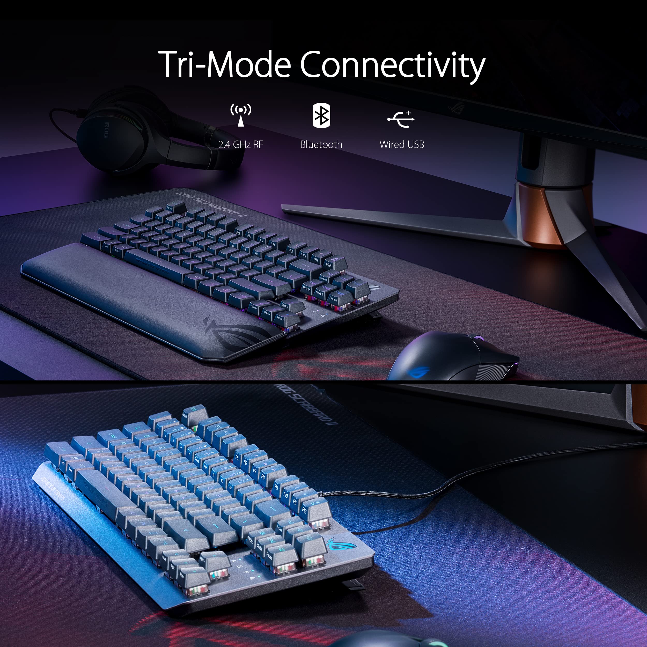 ASUS ROG Strix Scope RX TKL Wireless Deluxe 80% Compact Gaming Keyboard - Tri-Mode (2.4GHz/Bluetooth/Wired), ROG RX Blue Optical Switches, PBT Keycaps, RGB Backlit, Detachable Wrist Rest - Perfect for Esports, FPS & MMO Gaming