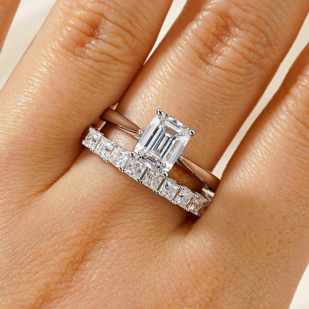 Emerald Cut Hidden Halo Moissanite Engagement Ring Set with Matching Wedding Band - Perfect for Proposals, Anniversaries & Bridal Jewelry