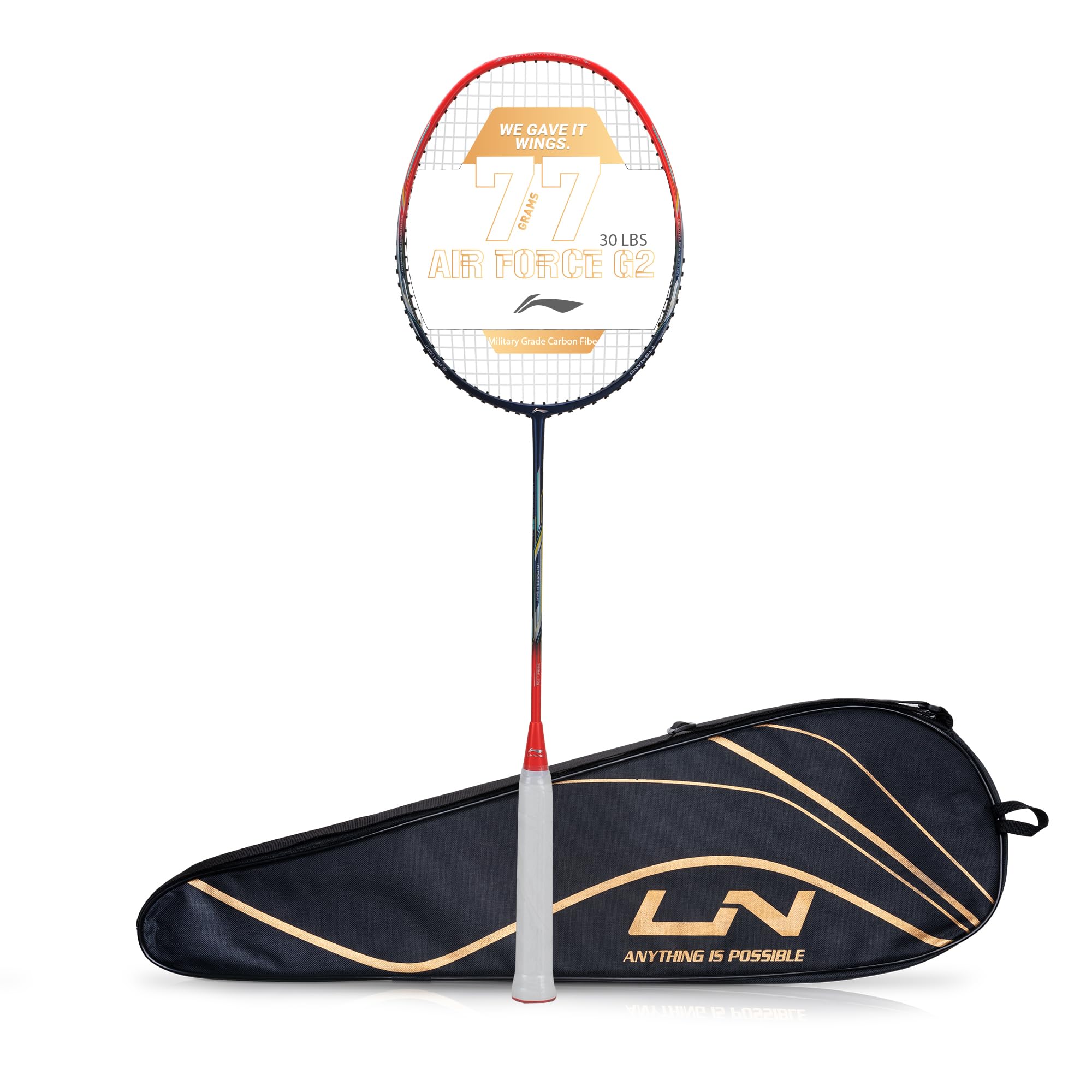 Li-Ning Air Force 77 G2 Carbon Fiber Badminton Racket with Full Cover - Professional Tournament Grade Shuttlecock Racket for Indoor/Outdoor Play - Navy/Red
