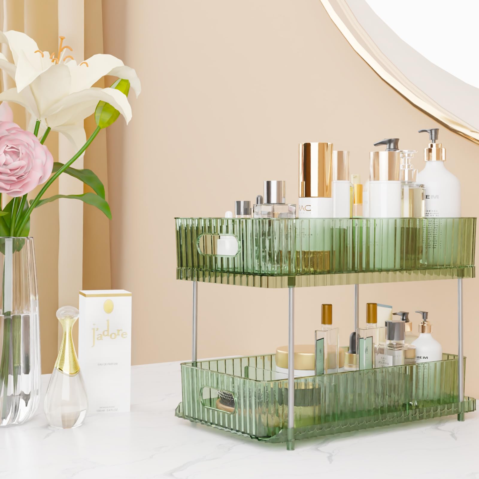 2 Tier Makeup Organizer Countertop - Large Capacity Cosmetic Display Case with Partition Board for Vanity | Makeup Holder & Cosmetic Organizer (Green) | Perfect for Bathroom Counter, Dressing Table & Travel Storage