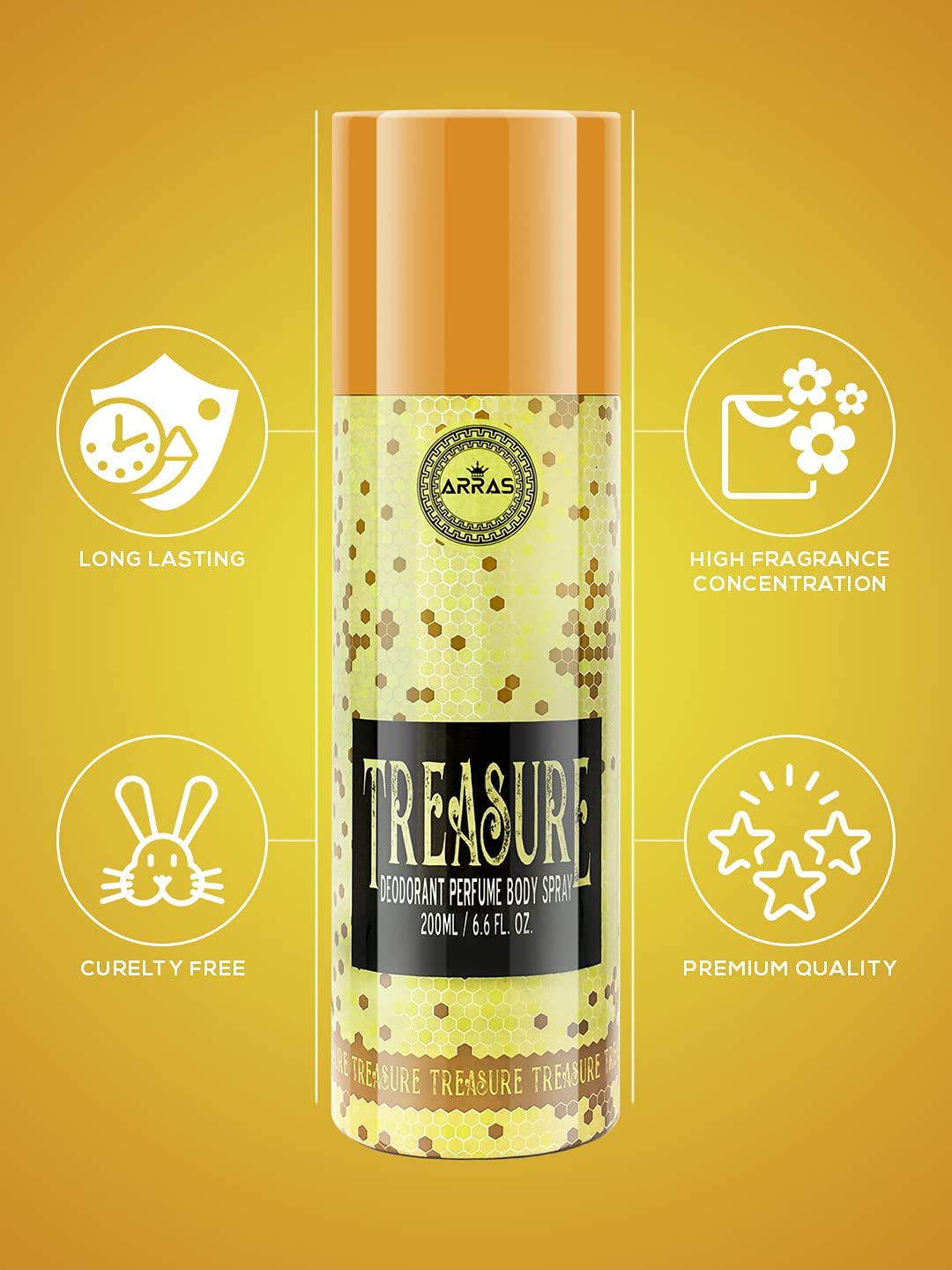 Arras Treasure Men's Deodorant Spray - 200ml Long-Lasting Fragrance, 24-Hour Odor Protection, Fresh & Classic Scent for Men - Ideal for Gym, Work & Daily Use (Pack of 1)
