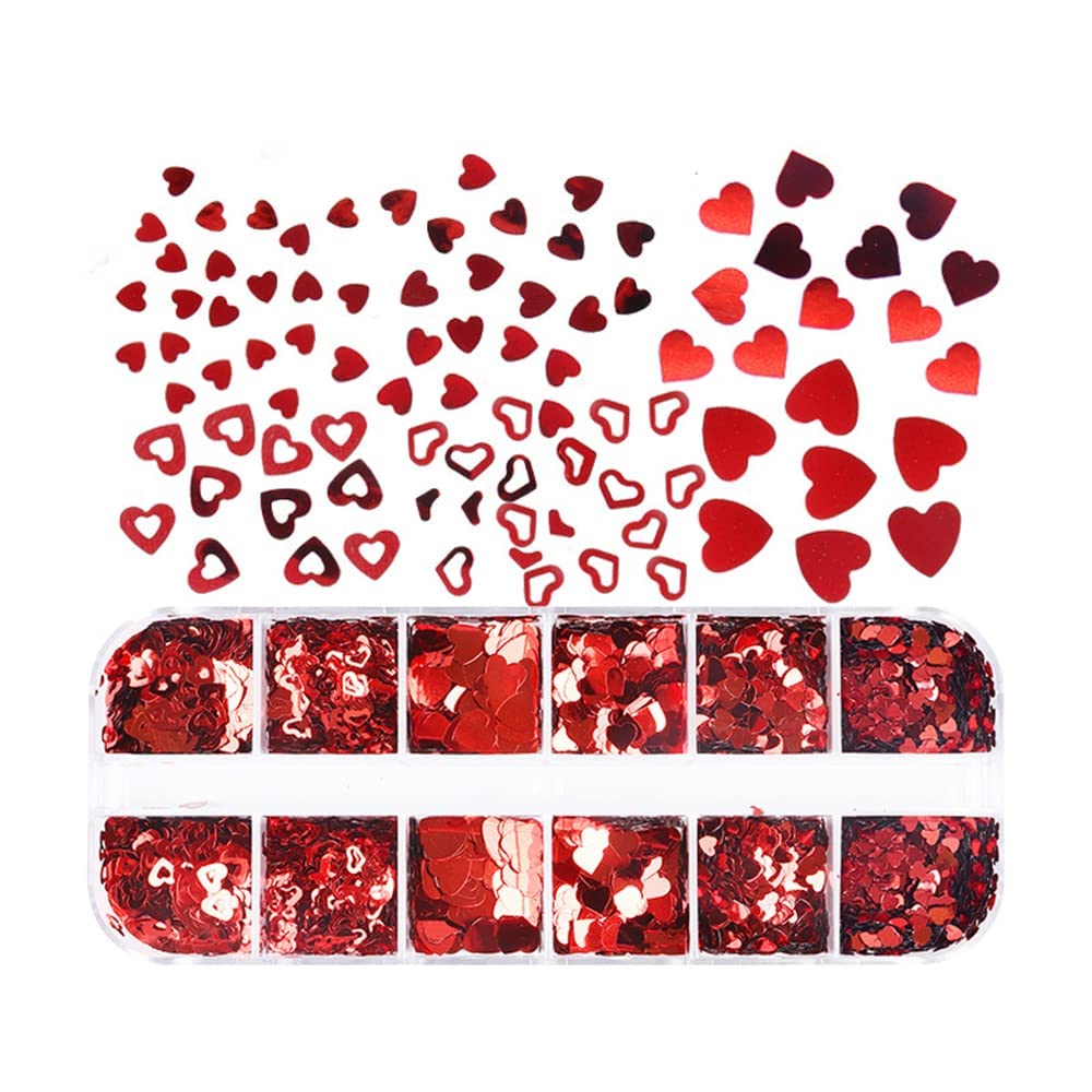 Valentine's Day Nail Art Glitters - 3D Heart Shaped Holographic Nail Sequins for Women & Girls | 12 Grids Red Sparkling Hollow Heart Nail Decor | Perfect for Valentine's Day Manicures, Parties & Special Occasions