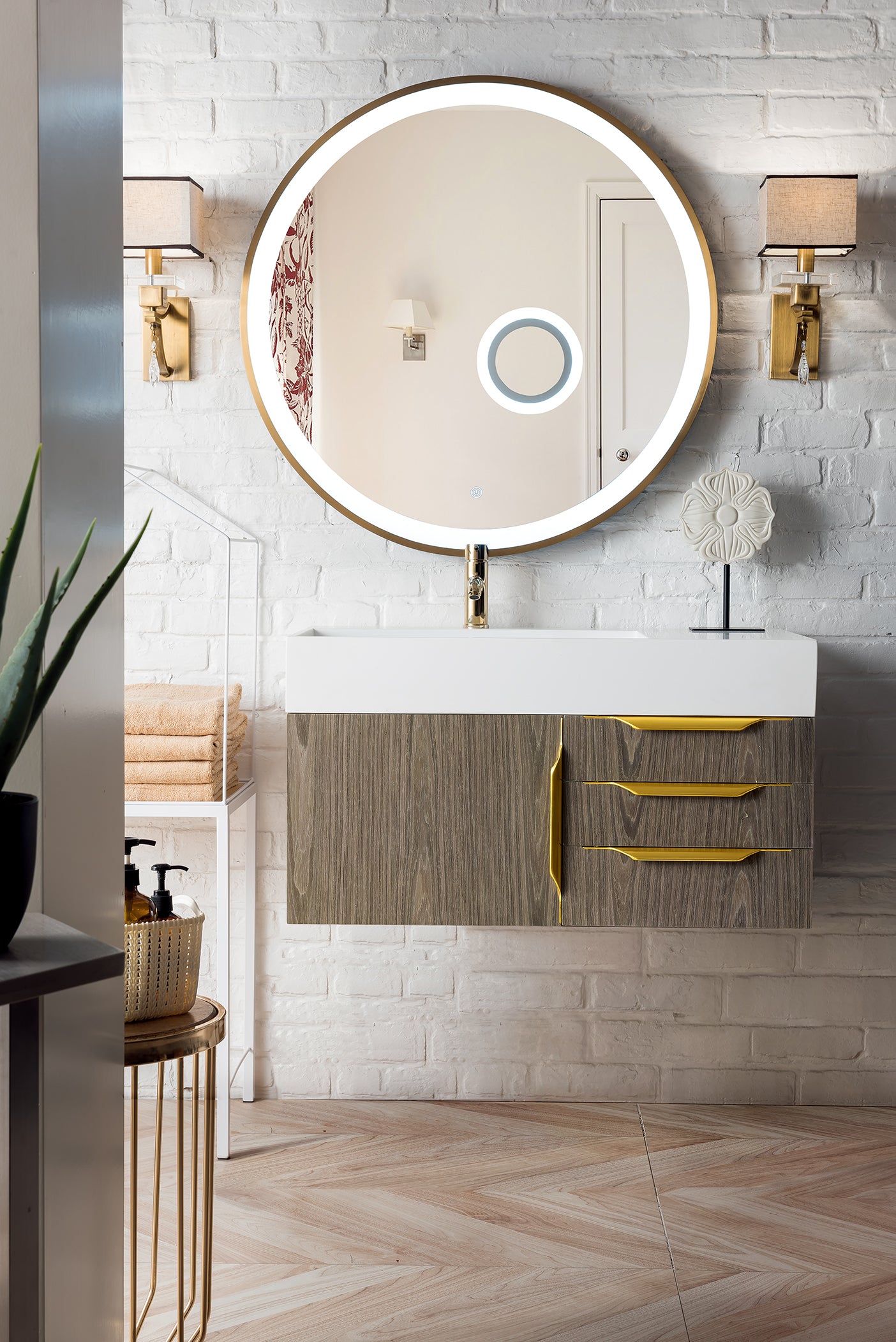 Mercer Island 36 Inch Single Bathroom Vanity in Ash Gray with Radiant Gold Accents and Glossy White Composite Top - Perfect for Modern Master Bathrooms and Powder Rooms