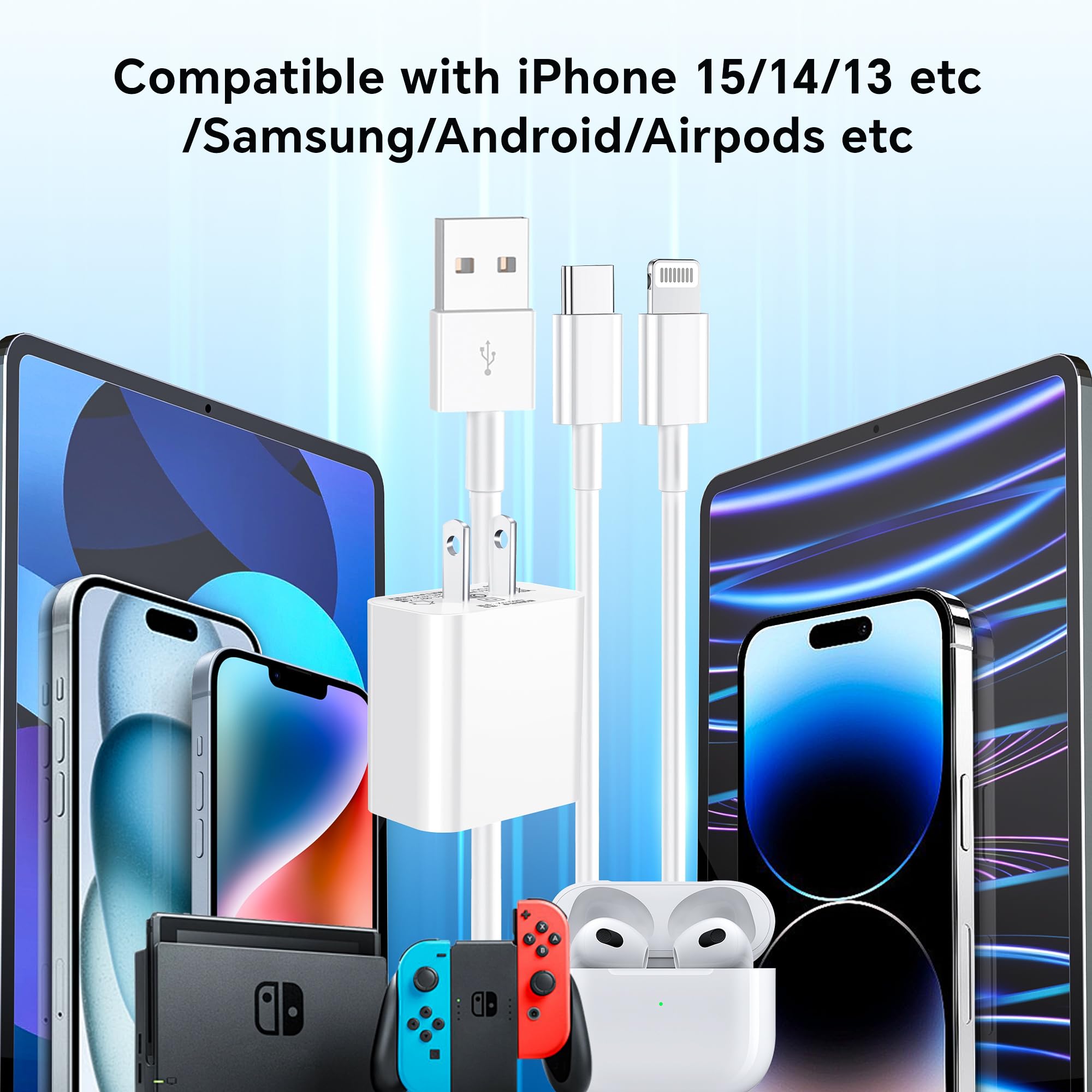 2-Pack 20W USB-C Fast Charger Block with 10ft Lightning Cable & 6ft USB-C to USB-C Cable - Compatible with iPhone 15/Pro/Max/iPad Pro - Quick Charging for Home, Office & Travel