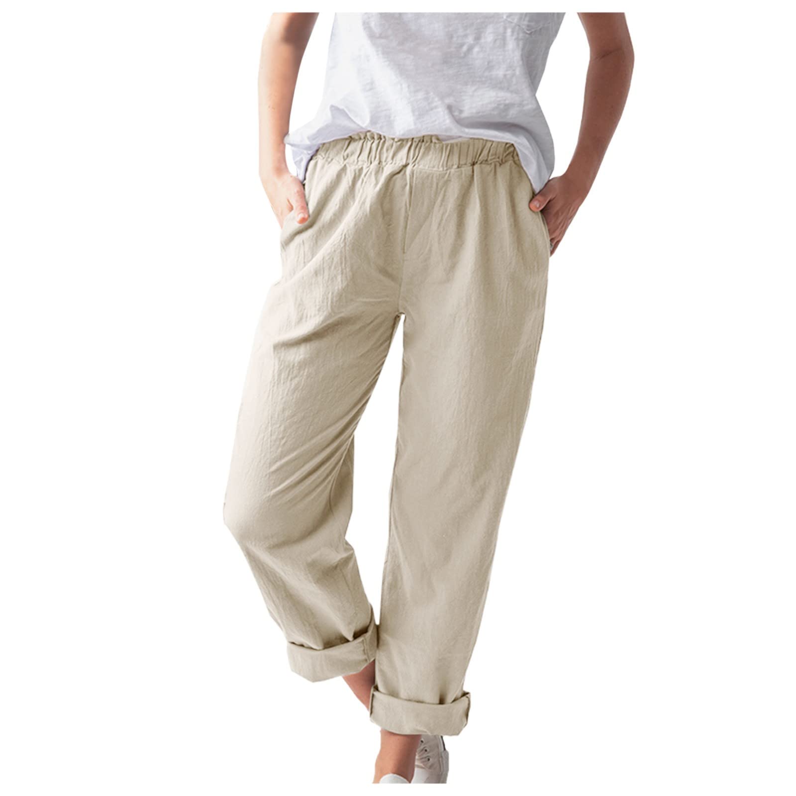 High Waisted White Linen Pants for Women - Casual Cotton Trousers with Pockets | Office & Summer Wear