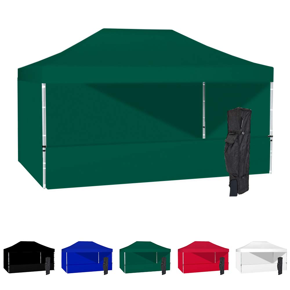 10x15 Instant Canopy Tent with 3 Full Walls & 1 Half Wall - Heavy Duty Waterproof Commercial Canopy Tent with Aluminum Frame - Includes Carry Bag & Stakes - Perfect for Outdoor Events, Farmers Markets, Camping & Backyard Parties (Green)
