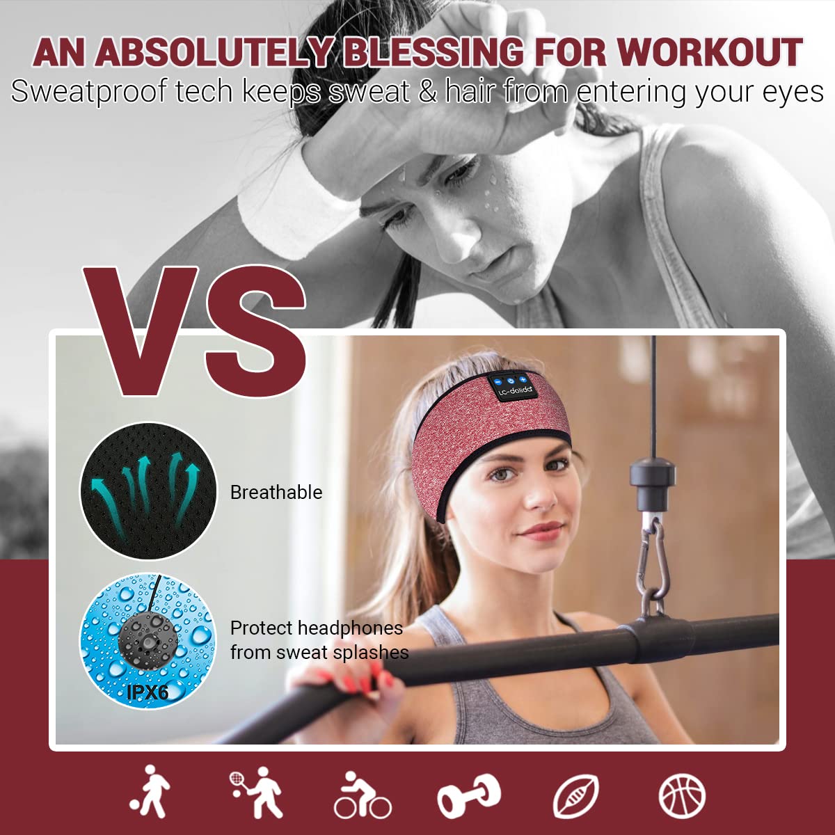 LC-dolida Bluetooth Sleep Headband with Built-in Thin Speakers - Wireless Headphones for Sleeping, Meditation & Travel - Hands-Free Music & Calls - Rose Red - Perfect Gift for Music Lovers & Frequent Travelers