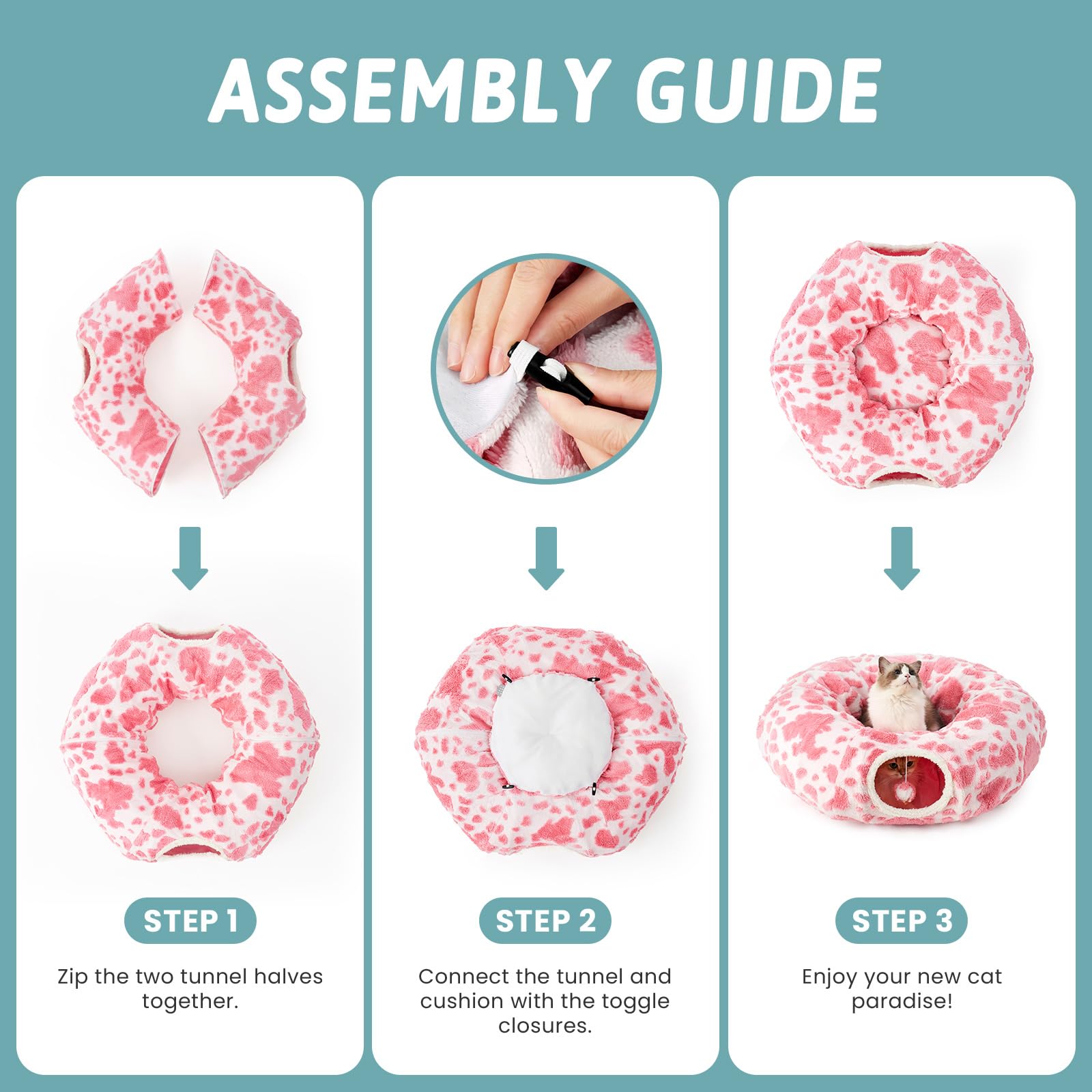 Foldable Cat Tunnel Bed for Indoor Cats - Washable Cushion & Cute Donut Design - Perfect for Kittens, Puppies & Rabbits - Pink & White (Great for Playtime, Napping & Small Pet Hideouts)